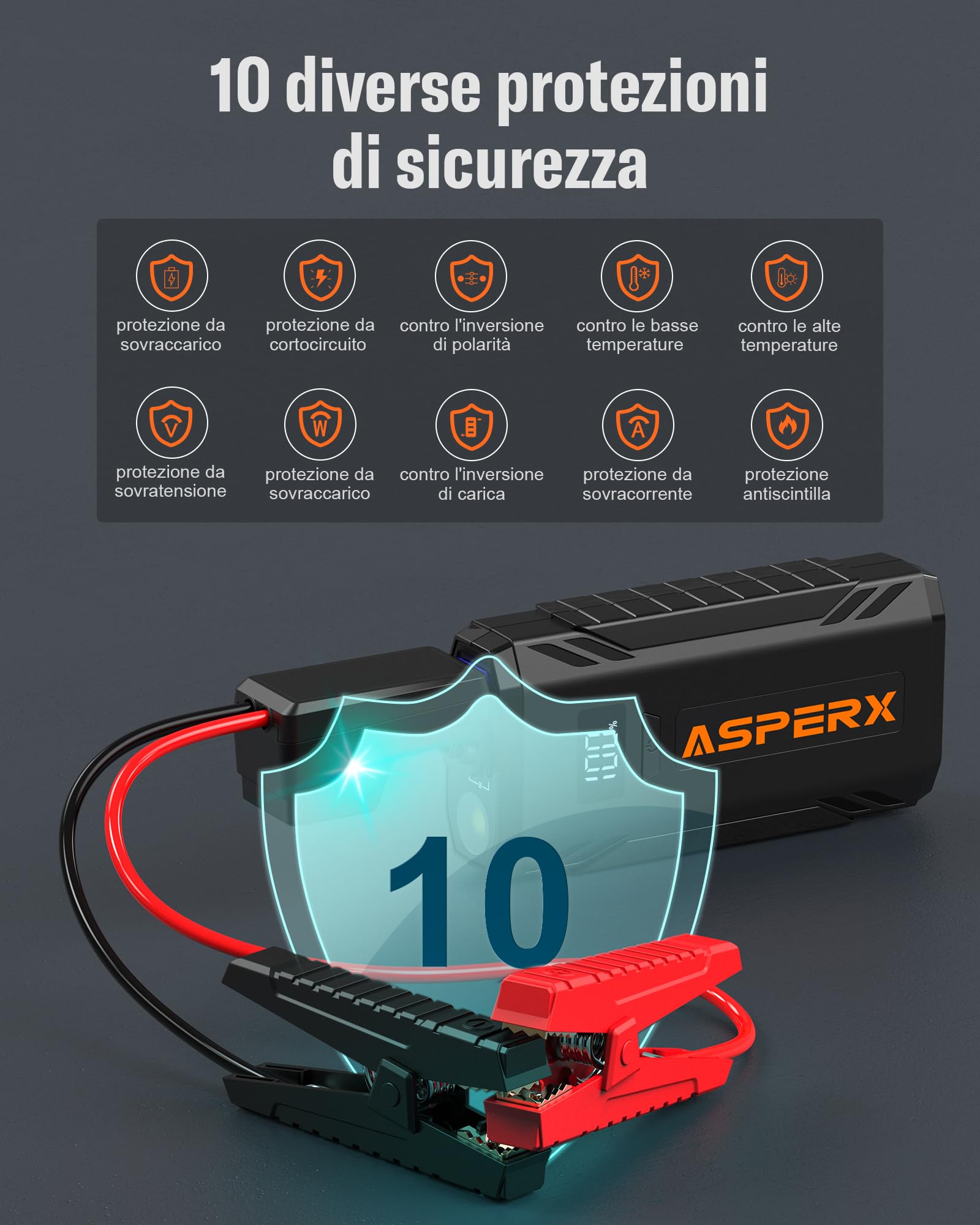 AsperX Avviatore Batteria Auto 2000A, Avviatore Batterie per Auto Portatile da 12 V (Fino a 8,0 L Gas o 6,5 L Diesel), Avviatore Auto con Lampada LED e Schermo LCD da 1,4 Pollici