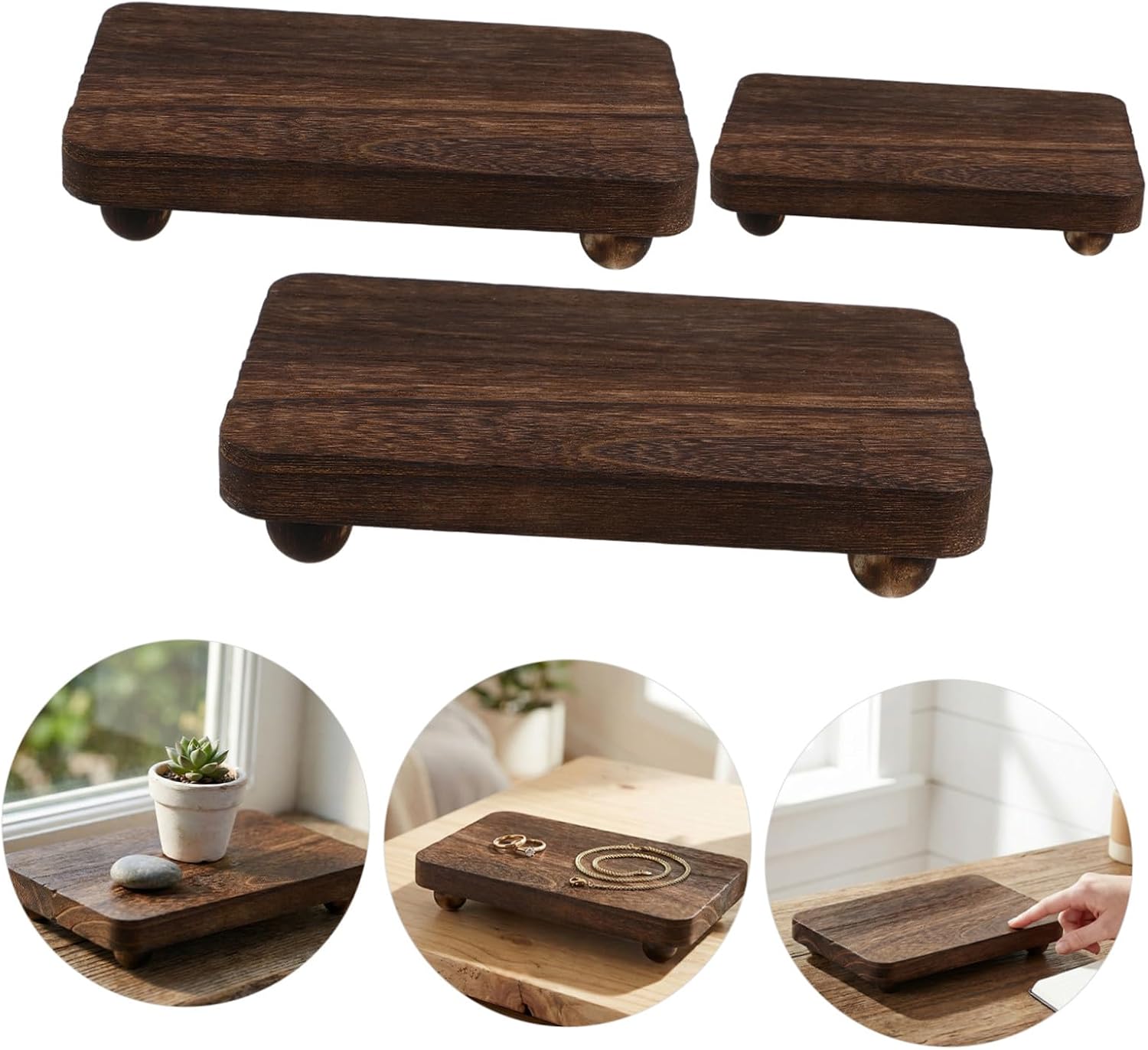 3pcs Wood Pedestal Stand for Small Plants and Candles, Space-saving Rectangular Wooden Display Riser with Legs, Versatile Organization for Weddings and Compact Kitchen Decor