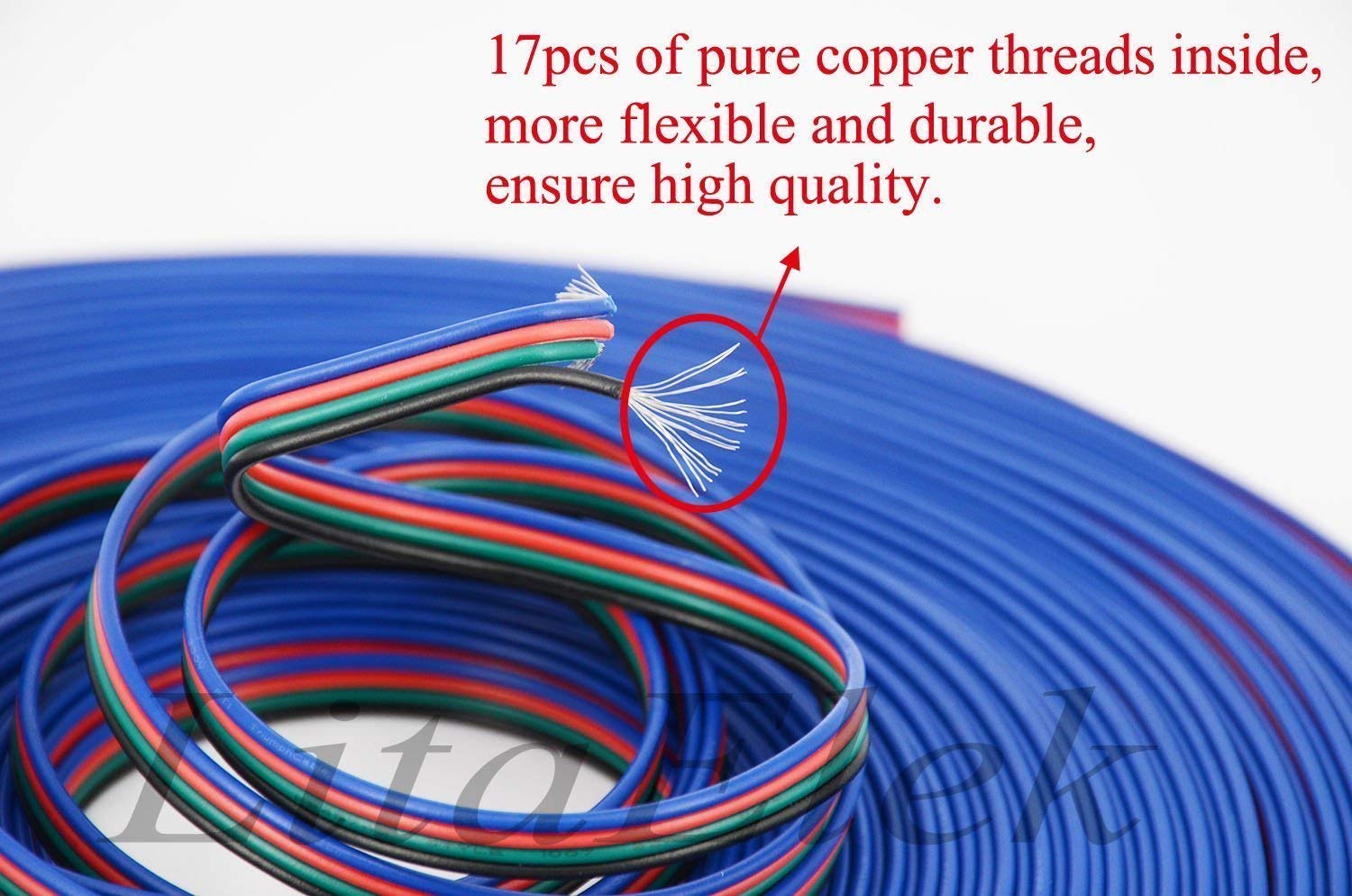 22AWG 4 Pin 20m 66ft Extension Cable RGB LED Strip Extension Wire 22 Gauge Extension Cord Electric Wire for SMD 5050/ 3528/ 2835 RGB LED Tape Light and Other DC 5V-24V Devices