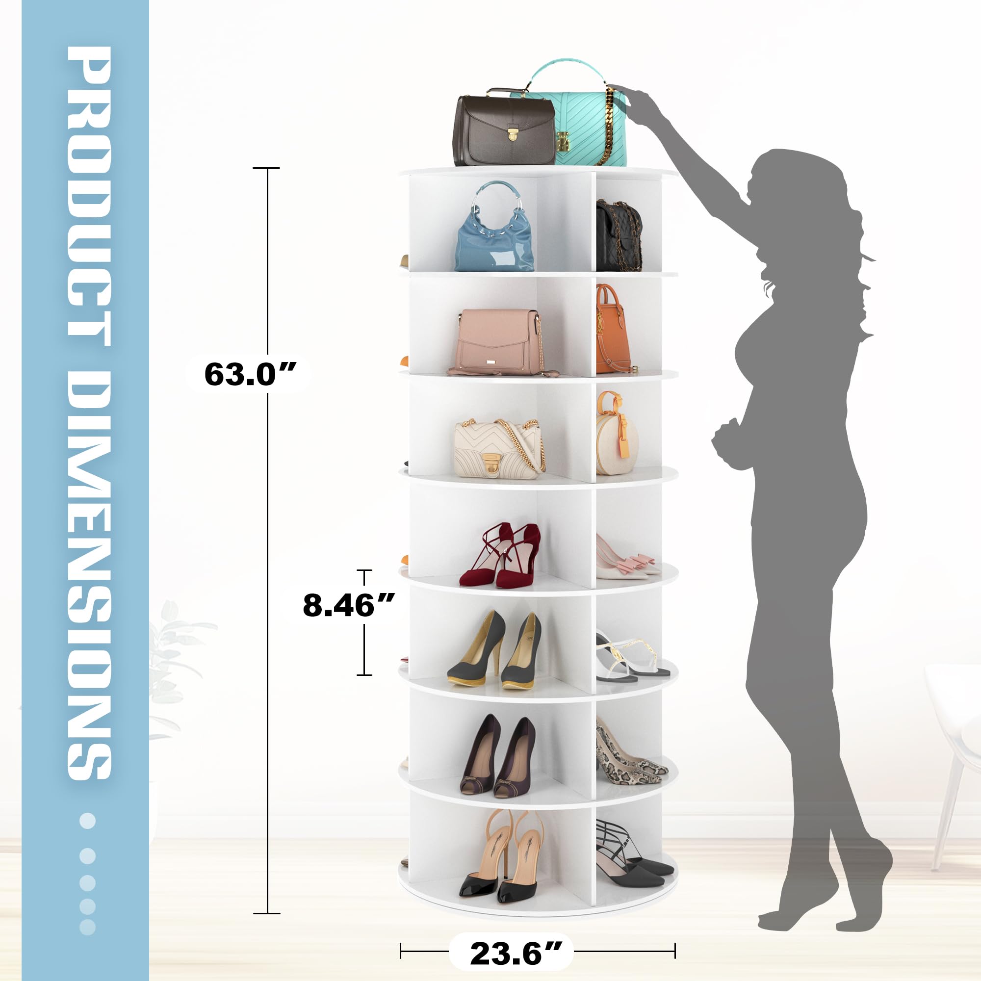 Dephet 7-Tier Rotating Shoe Rack Tower - Free Standing Spinning Shoes Organizer, 360° Vertical Spinning Shoe Display Lazy Susan, Closet Shoe Cabinet Rack Fits 28 Pairs of Shoes Bags Plants