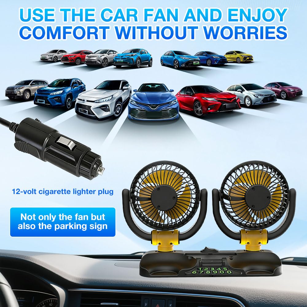 Ventilatore per auto, 12 V, doppia testa, portatile, rotazione a 360°, silenzioso, a 2 velocità, con presa accendisigari, per camion, SUV, camper