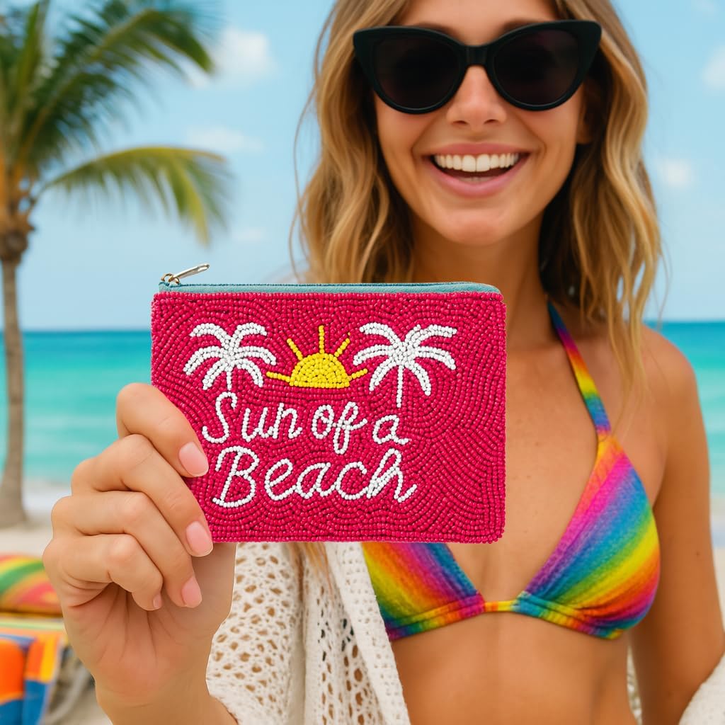 Pearl Beaded Coin Purse Handmade with Colorful Designs Savings Bag Small Zipper Pouch for Cash Card & Makeup (Sun of a Beach) - Image 7