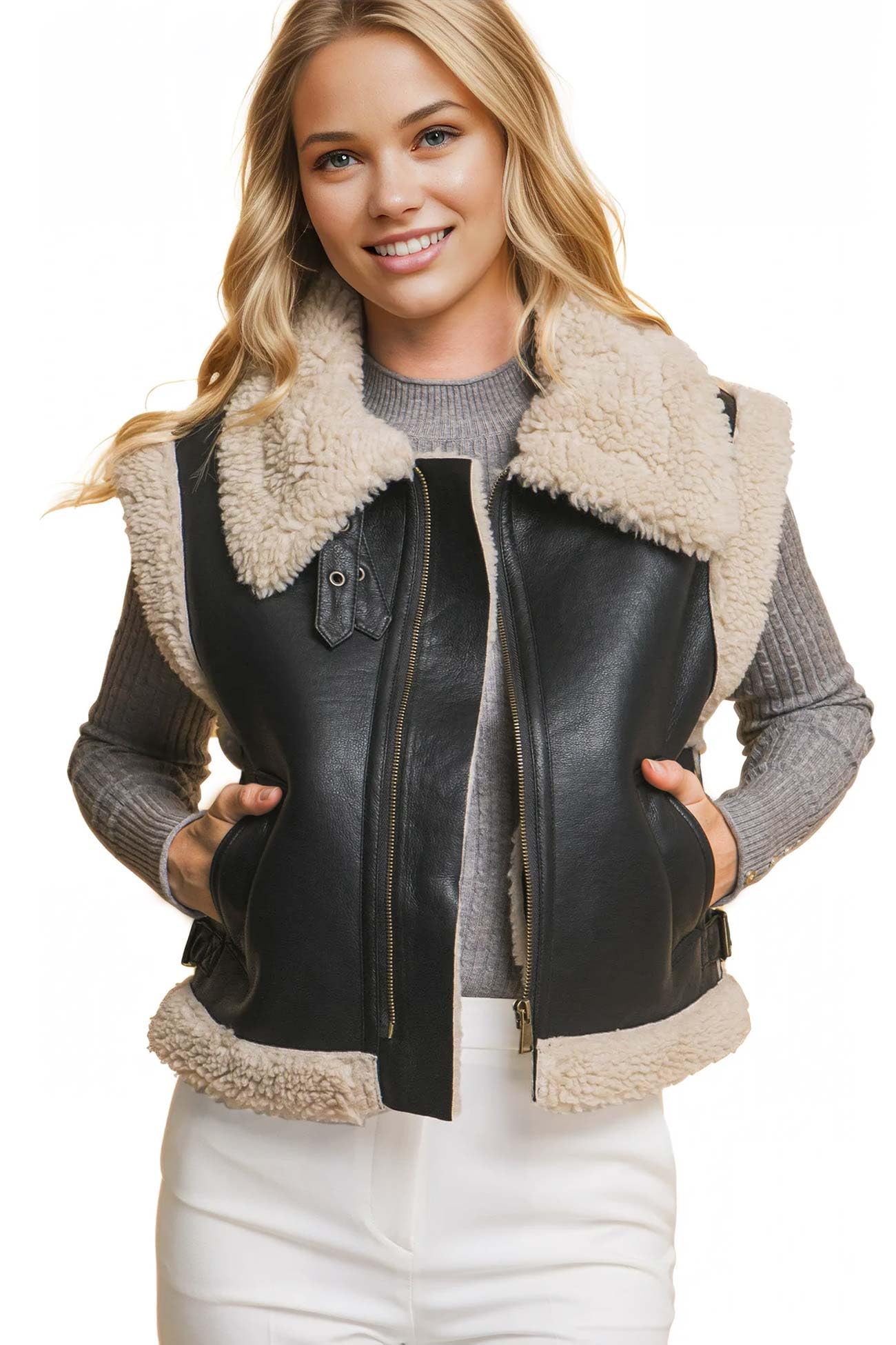 Love Tree Womens Juniors Faux Leather Shearling Vest