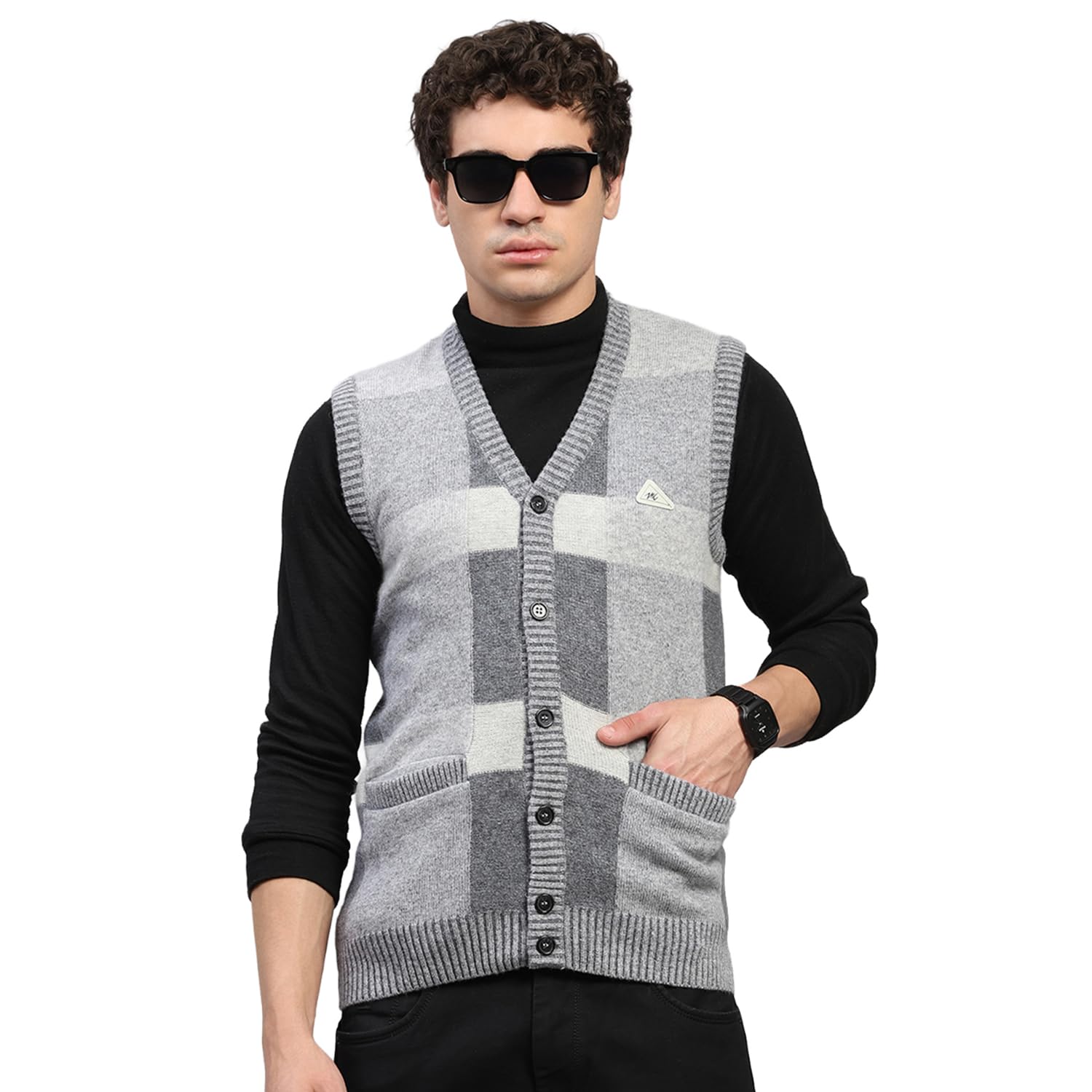 Mens Regular Fit Printed V Neck Button Closure Sleeveless Winter Cardigan| Warm Woolen Sweater for Men | Stylish Knitted Cardigan | Soft Comfortable Winter Wear (Pack of 1)