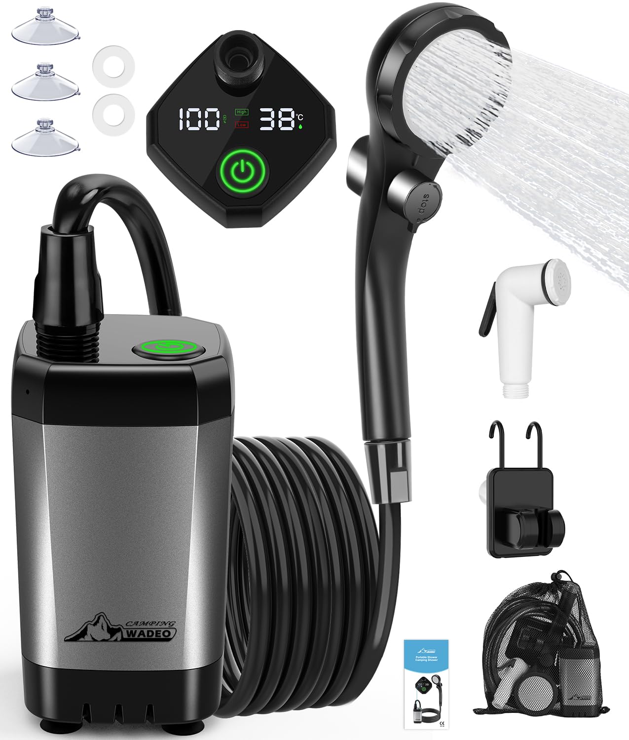 WADEO Tragbare Campingdusche Akku mit Pumpe, Camping Dusche mit wiederaufladbarem Akku [6000-8000mAh], Mobile Duschen Außenduschen mit verbessertem Schlauch, für Camping Reisen Garten Autowaschen