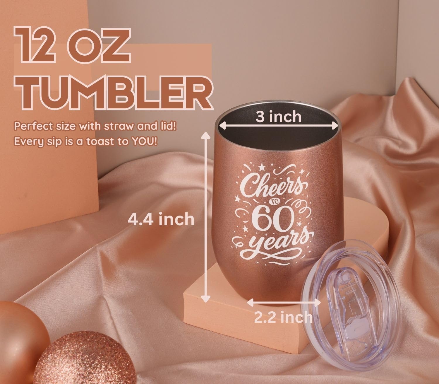 60th Birthday Gifts for Women, Her - Cheers to 60 Years - 12 oz/350 ml Stainless Steel Wine Tumbler with Straw and Lid - Women's Happy 60th Birthday Gifts Ideas - (Rose Gold) - Image 3