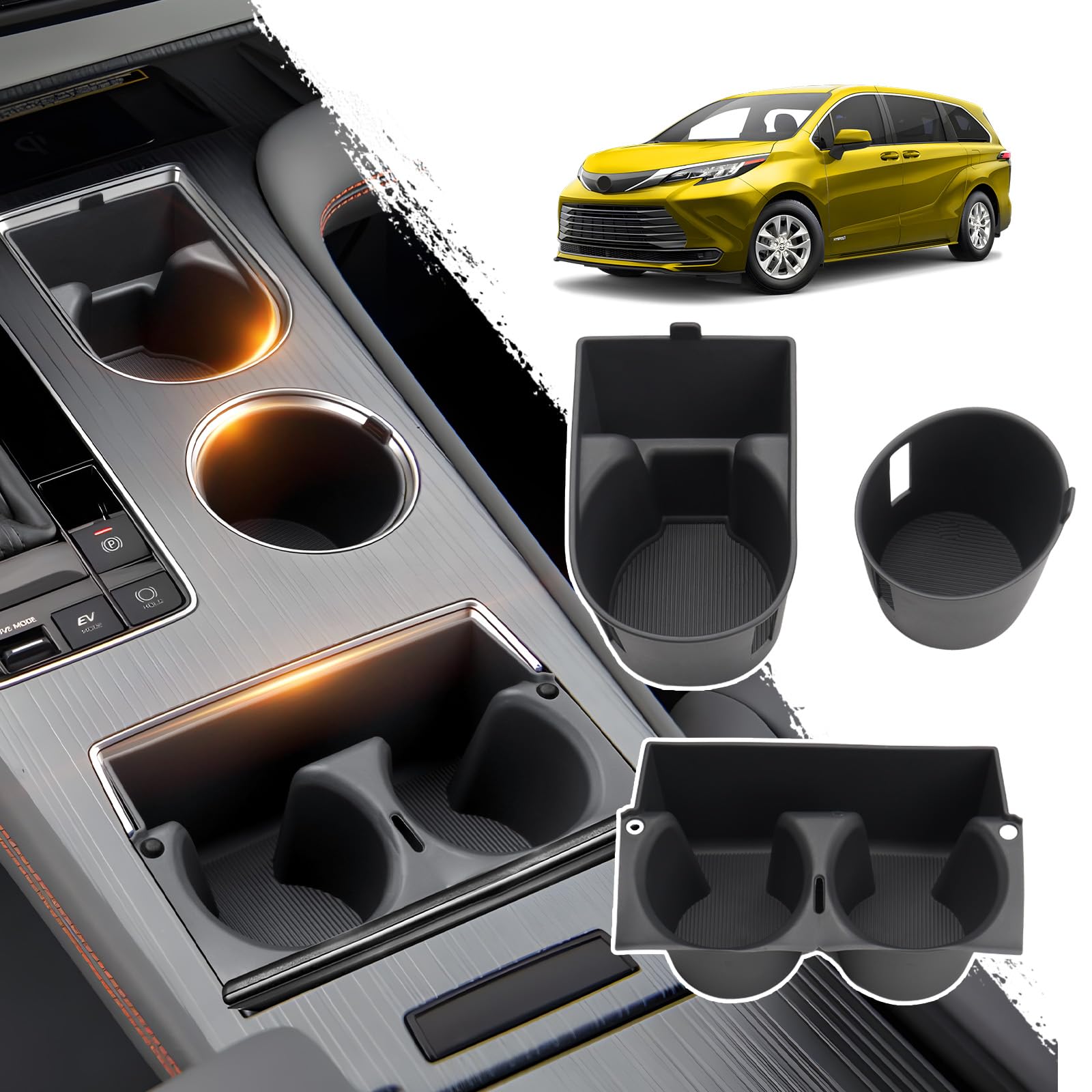 Sunsdrew 3PCS Center Console Cup Holder Insert for 2021-2025 Toyota Sienna,2025 Upgraded Organizer Cup Holder for Toyota Sienna Interior Accessories