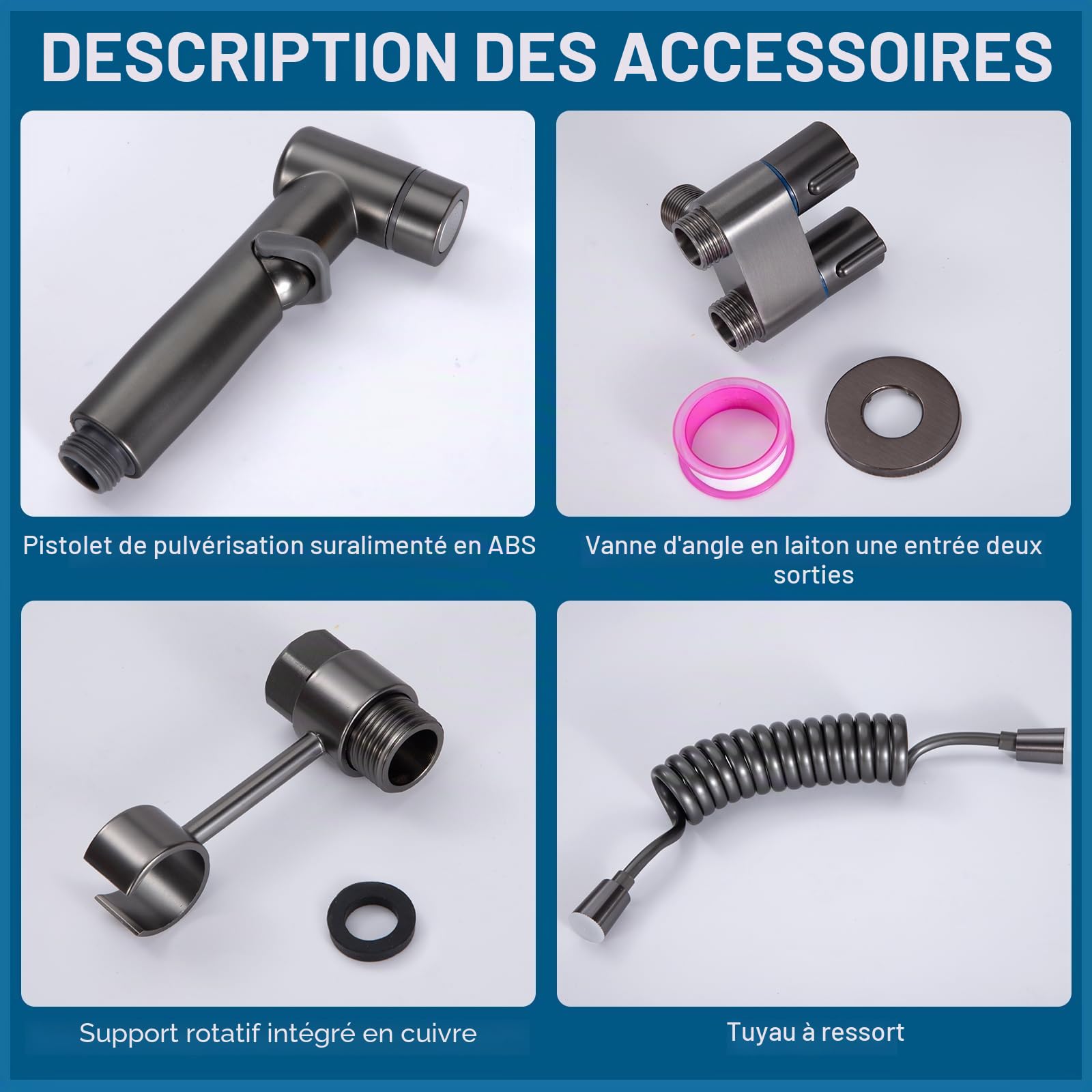 Douchette Wc Kit De Pulvérisateur De Toilette Pour Bidet Douchette à Main Bidet en Acier Inoxydable Avec Tuyau en ABS pour l'Hygiène Personnelle Quotidienne Lavage Animal Domestique (gris)