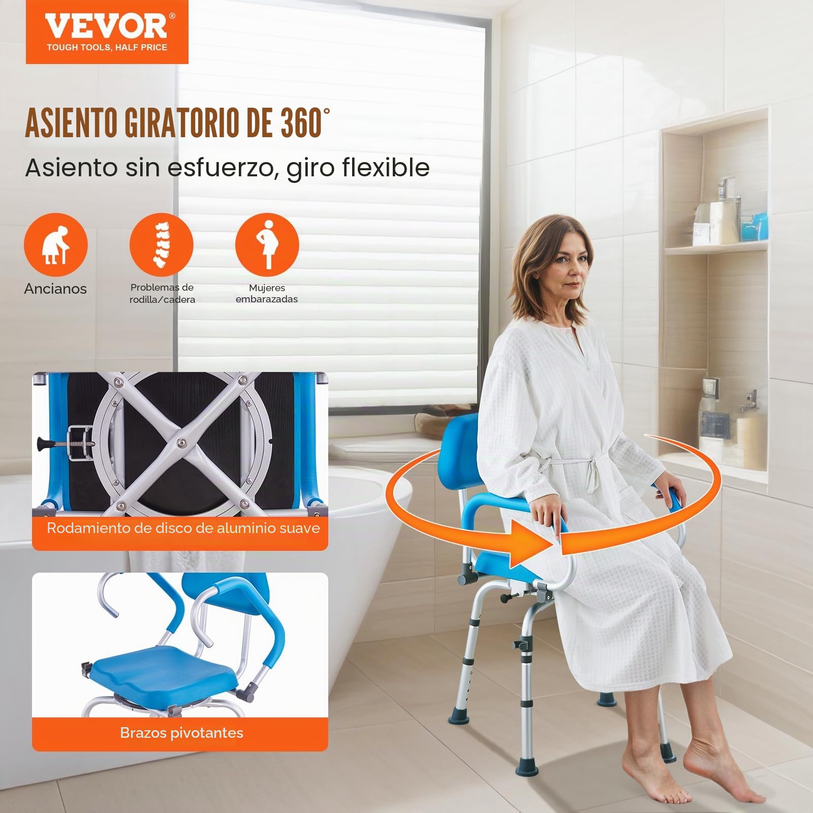 VEVOR Silla de Ducha Giratoria 360 ​​Grados con Brazos Pivotantes para Ducha o Bañera Interior, Silla Bañera Antideslizante para Personas Mayores Discapacitadas, Capacidad 135 kg, 530 x 520 x 850 mm