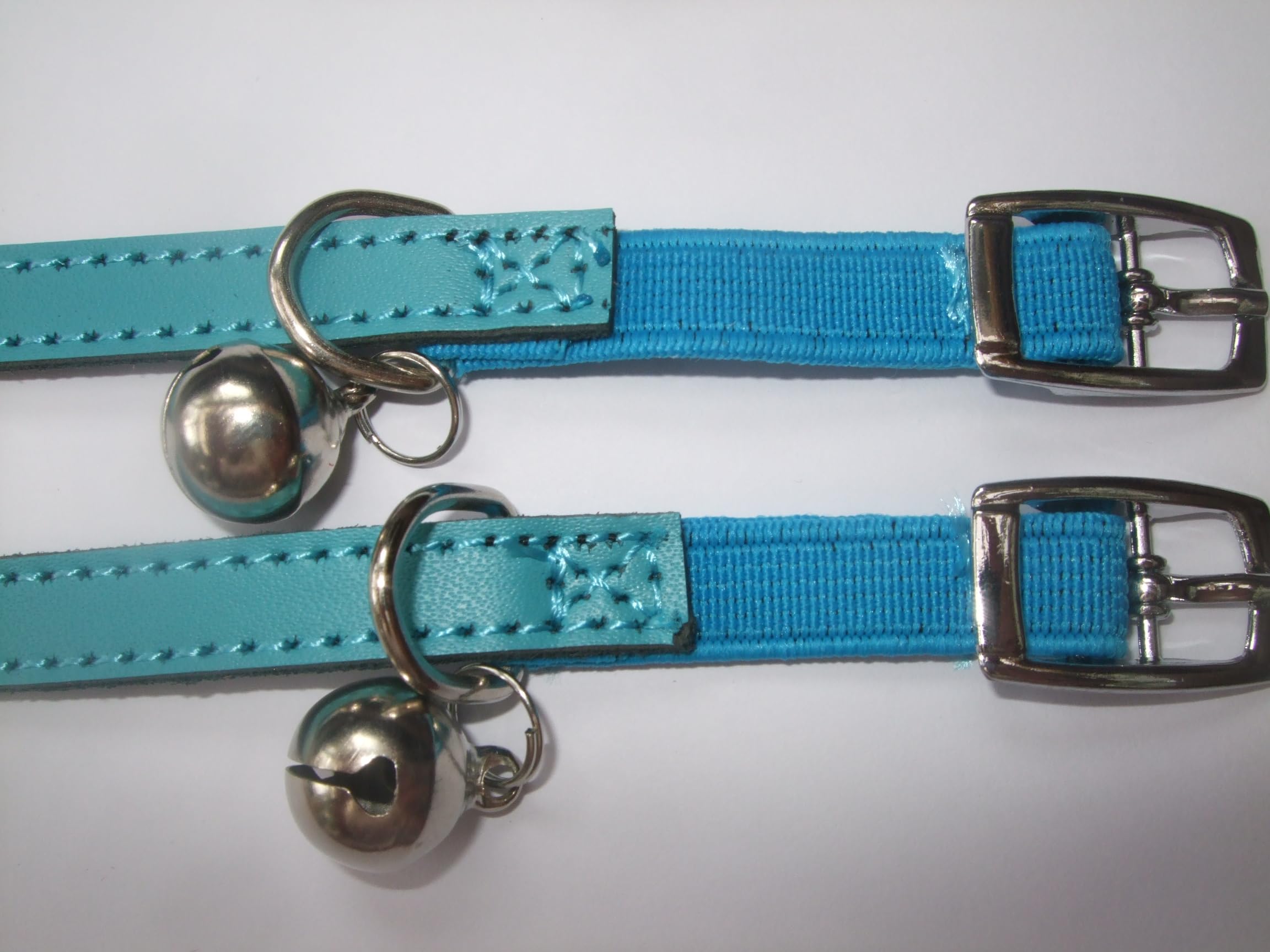 Cat Collar 2 pack set Real Leather Elasicated Safety Elastic bell, Pair Choose colours (Blue and Blue) - Image 3