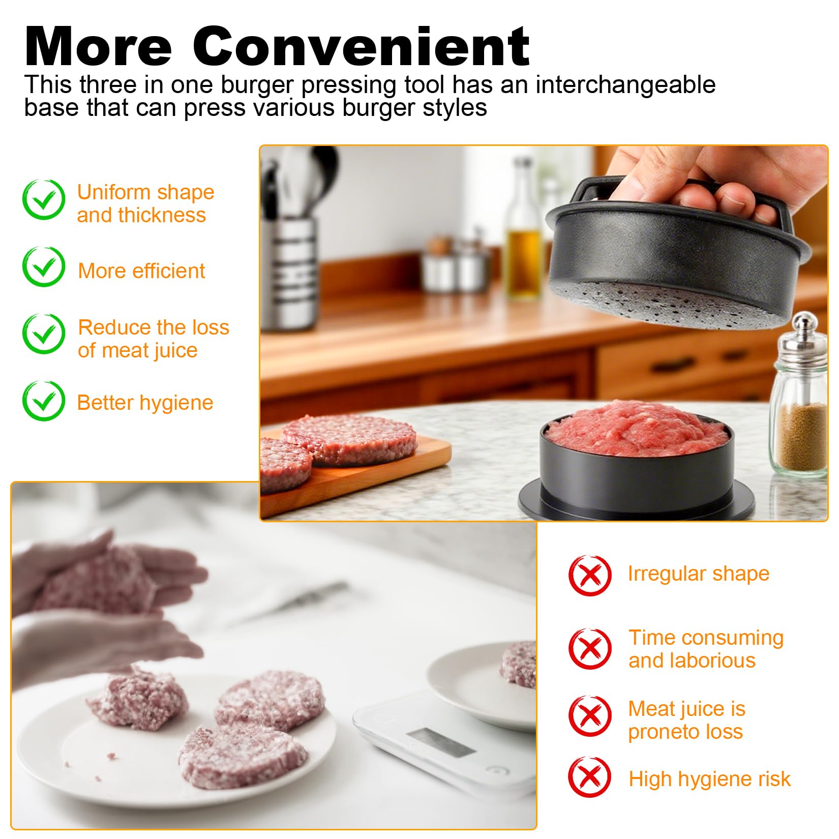 3 in 1 Pressa per Hamburger Attrezzo, Stampo per Hamburger Antiaderenti e Resistenti, Accessori Barbecue, Set Utensili Cucina, con 200 Fogli di Carta Oleata per Hamburgers