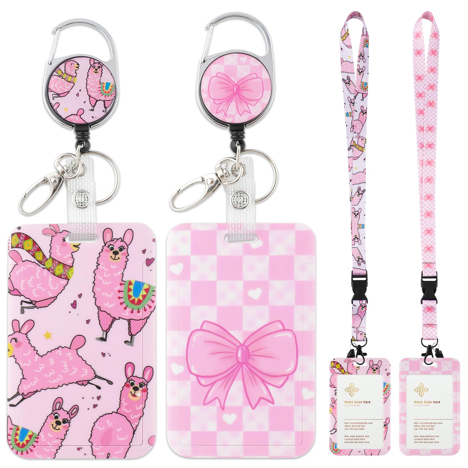 2 Pack Cute ID Badge Holder with Breakaway Lanyard and Retractable Badge Reel, Pink Alpaca and Pink Bow Plaid Design, Vertical ID Card Holder for Teachers Nurses Students Office Staff