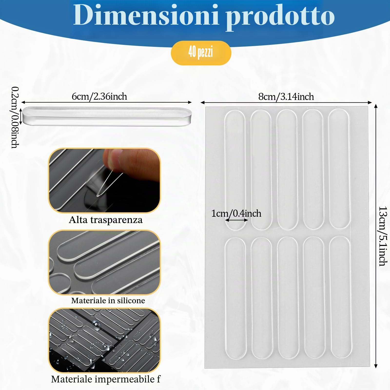 40 strisce di silicone autoadesive, protezioni trasparenti per mobili, cuscinetti elastici in silicone, protezioni per porte, cassetti, armadi, coperchi di wc