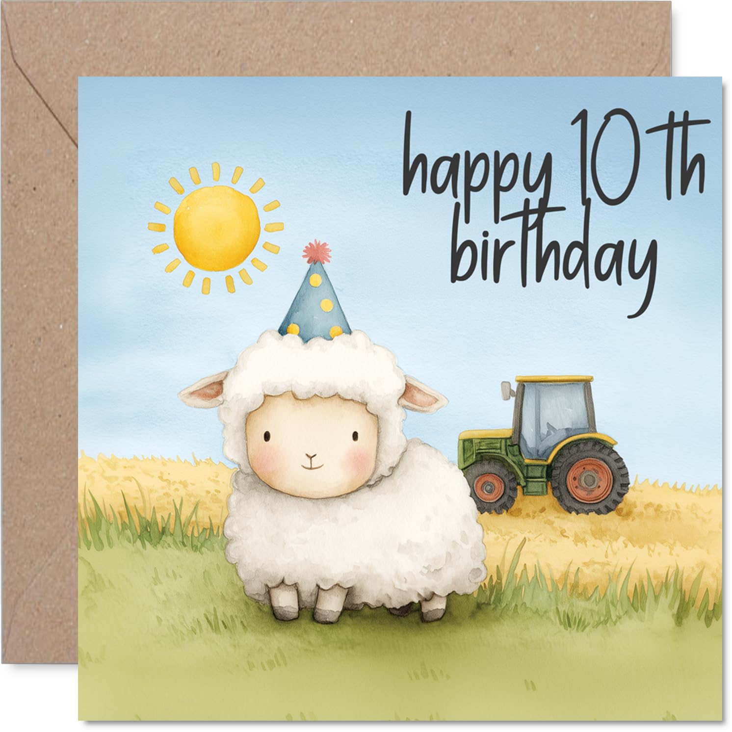 Cute 10th Birthday Card - Time to Party on the Farm - Adorable Sheep in a Party Hat with Sunny Tractor Scene - Sure to Charm Any Animal Lover - 145mm Square, Envelope Included