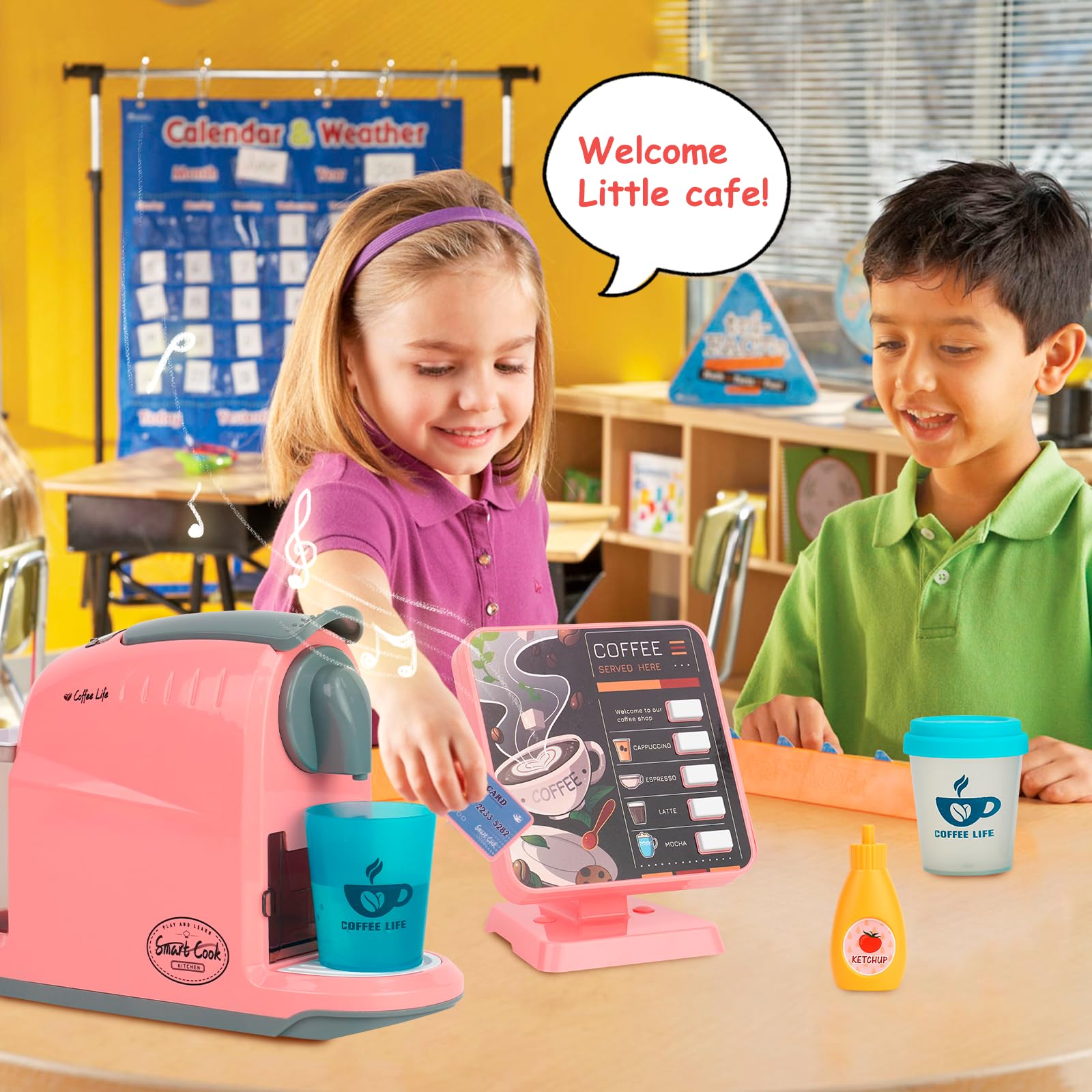 Spielzeug Kasse & Kaffeemaschine Kinder,Kaufladen Zubehör/Küchenzubehör Set,Kindergeschirr Spielküche,Kaffeemaschine Spielzeug,Küchenspielzeug Kaffeeservice für Mädchen und Jungen ab 3 Jahre (Rosa)
