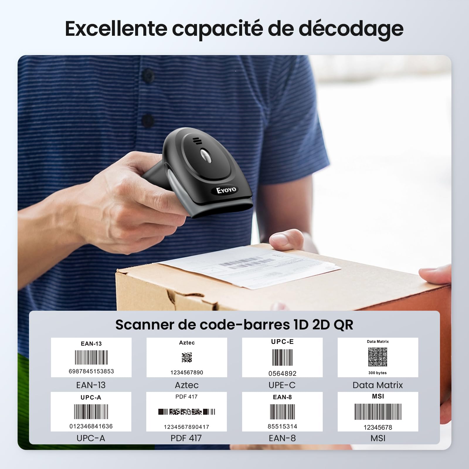 Eyoyo Lecteur de Codes-Barres sans Fil 1D 2D 2.4G USB Portable