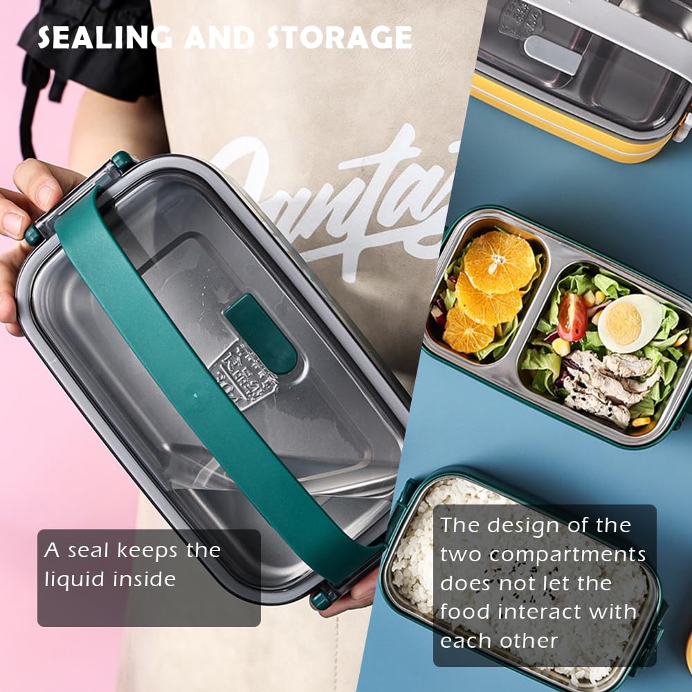 Grande contenitore per il pranzo Bento Box per adulti (grande capacità di 2,1 litri), riutilizzabile, con borsa per il pranzo, forchetta e cucchiaio, 3 divisori, adatto per lavoro, picnic,