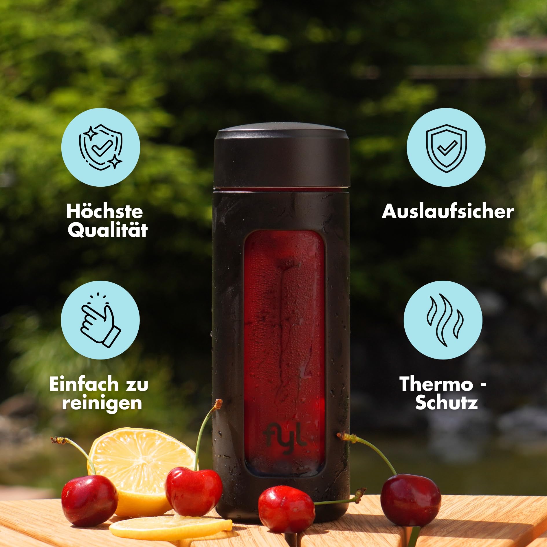 fyl Zuckerfreier Sirup Starterset 4 Geschmacksrichtungen für 48L Zero Getränk + 460ml Trinkflasche - enthält Vitamin-B-Komplex - Perfekter Durstlöscher für zu Hause und Unterwegs