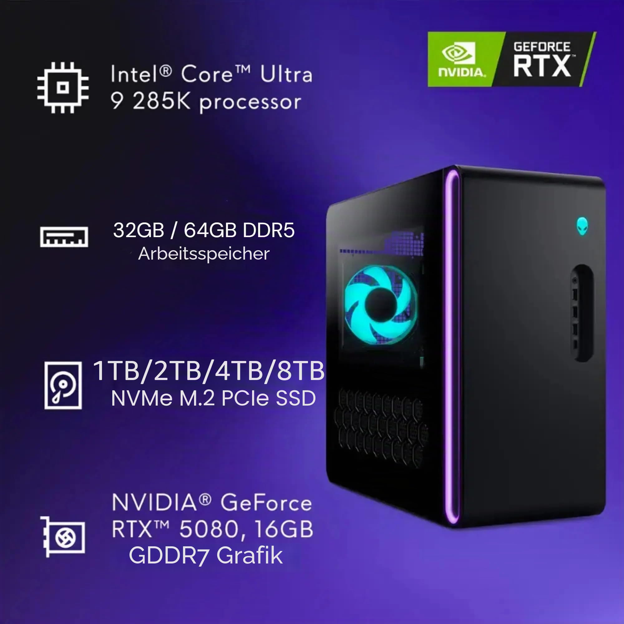 Alienware Aurora R16 Gaming Desktop - NVIDIA GeForce RTX 5080 (16GB GDDR7) PC • Intel 24-Core Ultra 9 285K • Wi-Fi 7 • Windows 11 Pro • ACT1250 • Next-Level Gaming Support • 32GB DDR5 RAM + 1TB SSD