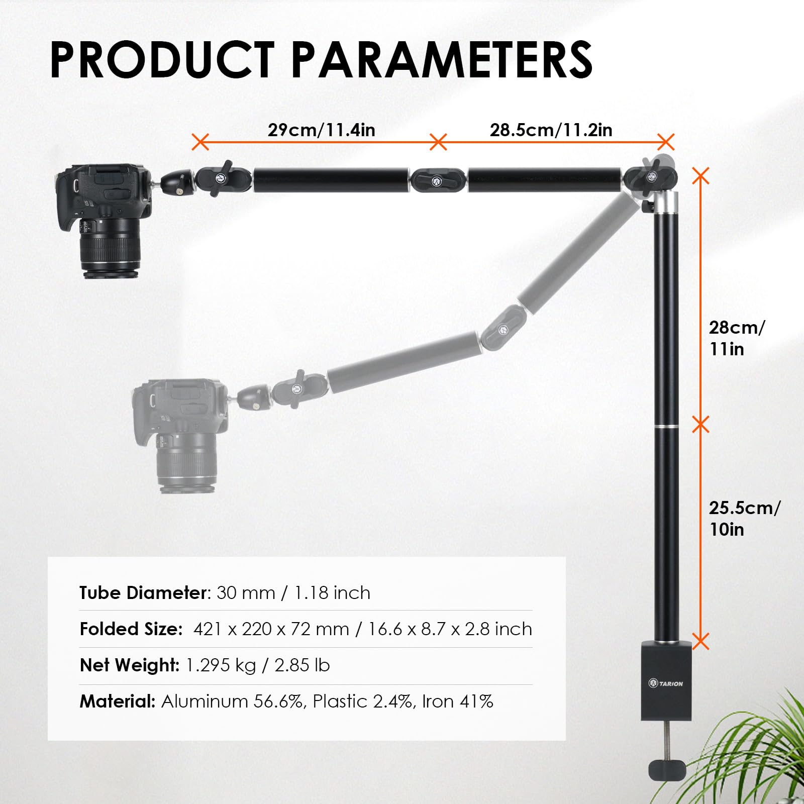 TARION Overhead Stativ Kamera Tischstativ Klemmstativ Flexibel Gelenkarm Tisch Halterung mit 3/8'' Gewinde und 3/8'' auf 1/4'' Schrauben Adapter für DSLR Kameras Ringlicht Projektor(L, Neu)