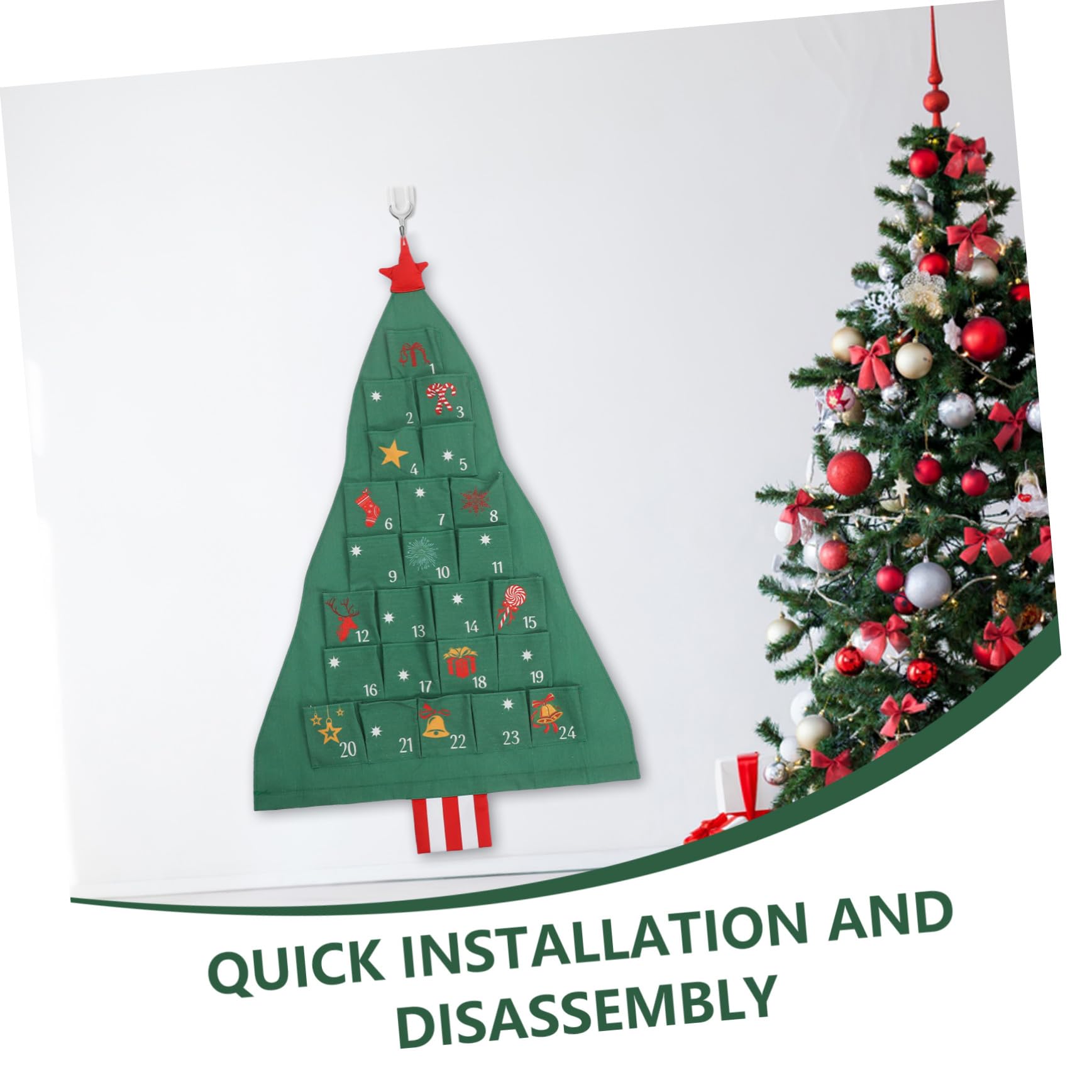 Weihnachtlicher Adventskalender zum Hängen Grün Wiederverwendbar DIY Kalender mit Aufbewahrungstasche Weihnachtsbaum-design für Xmas Partydeko und Schokoladenzählung