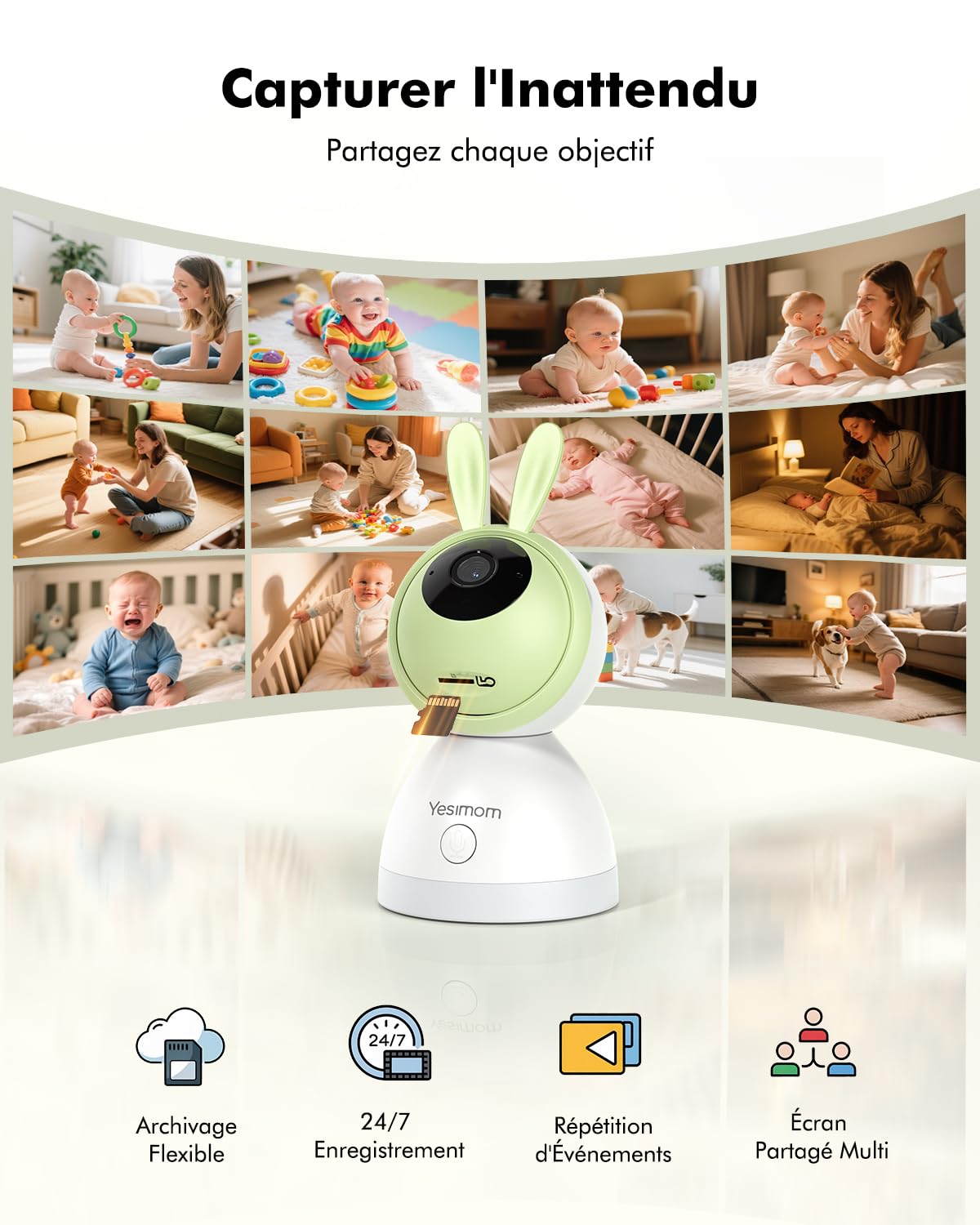 Babyphone Caméra 1080P PTZ 360°, Vision Nocturne Infrarouge, Zoom 4X, Détection de Mouvement et Suivi Automatique