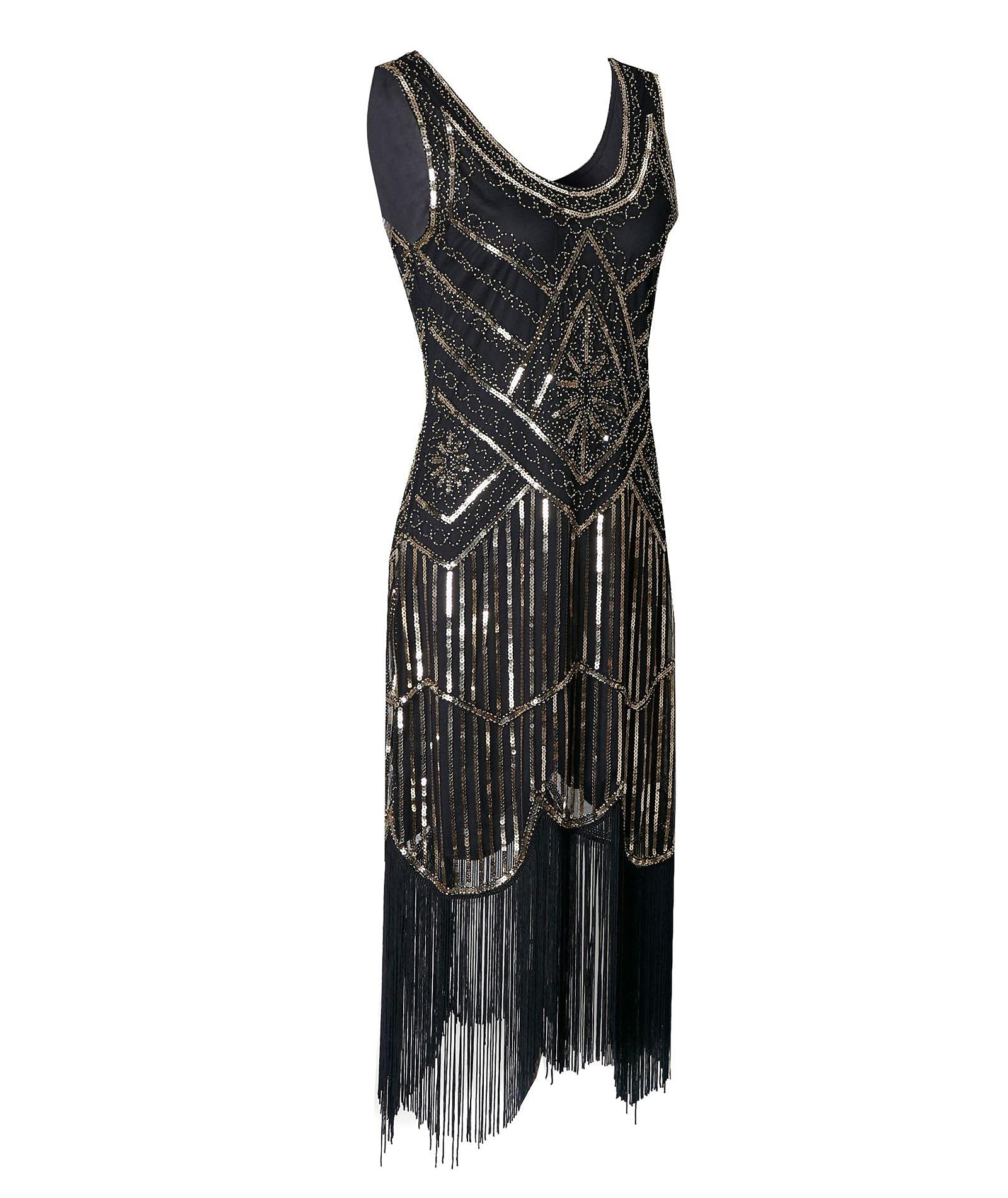 HAHAEMMA - Robe - Style des années 1920 - Pour femmes - Motif : paon - Garçonne - Charleston - Gatsby - Paillettes - Ourlet à pompons - Pour cocktail et bal des finissants