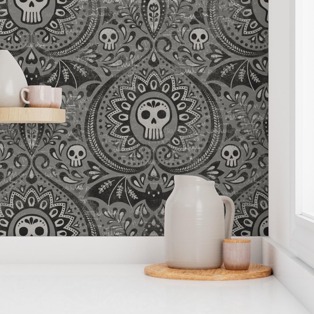 Spoonflower Removable Wallpaper 3ft x 2ft - Black Dark Gothic Skulls Damask Halloween Spooky Custom Pre-Pasted Wallpaper