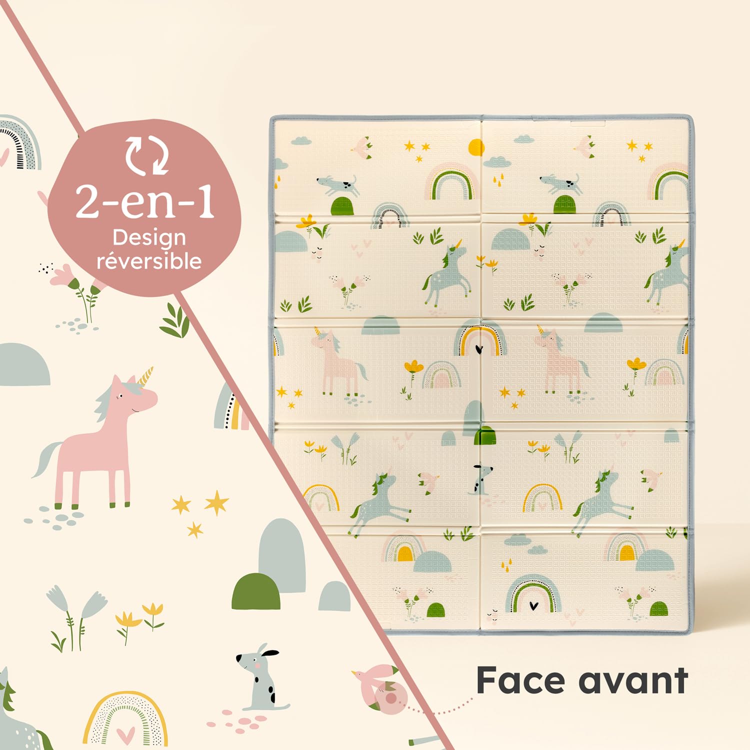 Laleni Tapis d’éveil bébé 120 x 150 x 1 cm – imperméable, pliable et réversible – épais, antidérapant et doux – pour intérieur/extérieur – motif arc-en-ciel