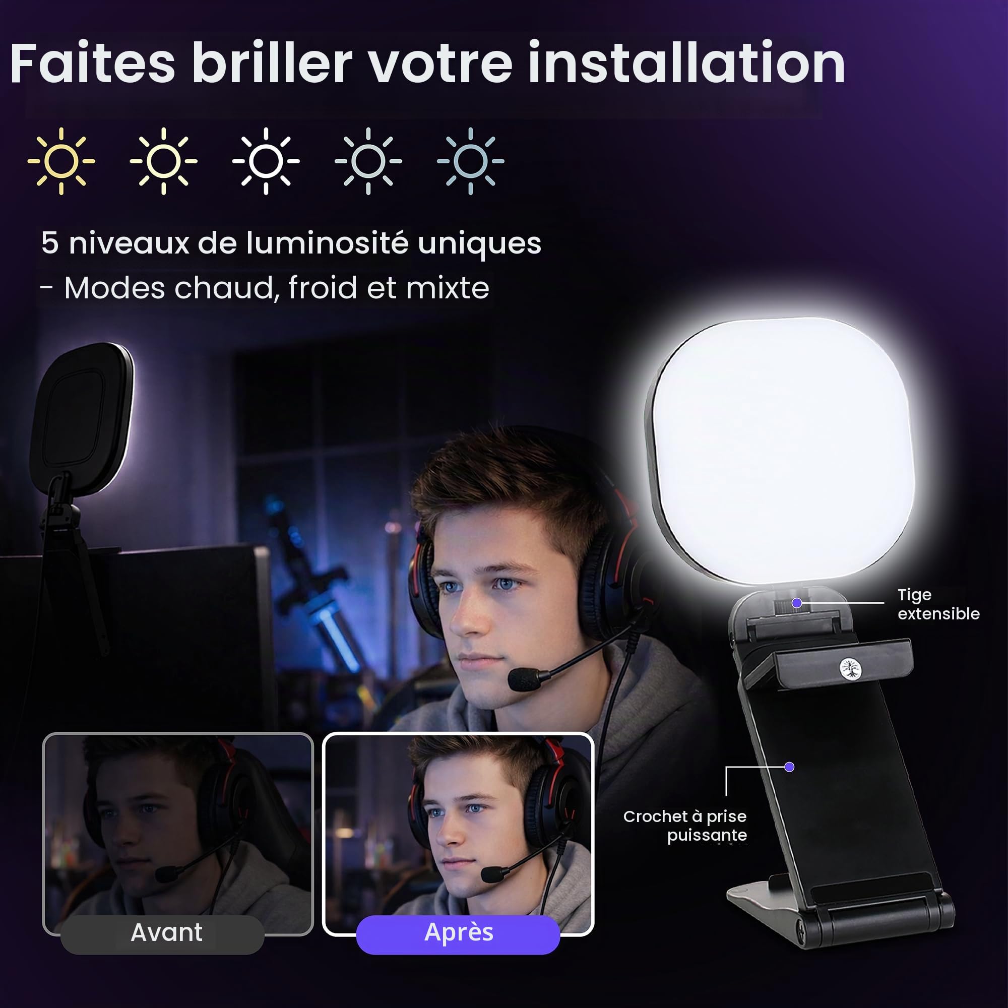 Kit de streaming vidéo en direct, comprend une webcam 1080p 30 fps et un microphone USB RVB, une lumière LED réglable pour Twitch, YouTube, Podcast et WFH. Pour PC, Mac, Windows et ordinateurs
