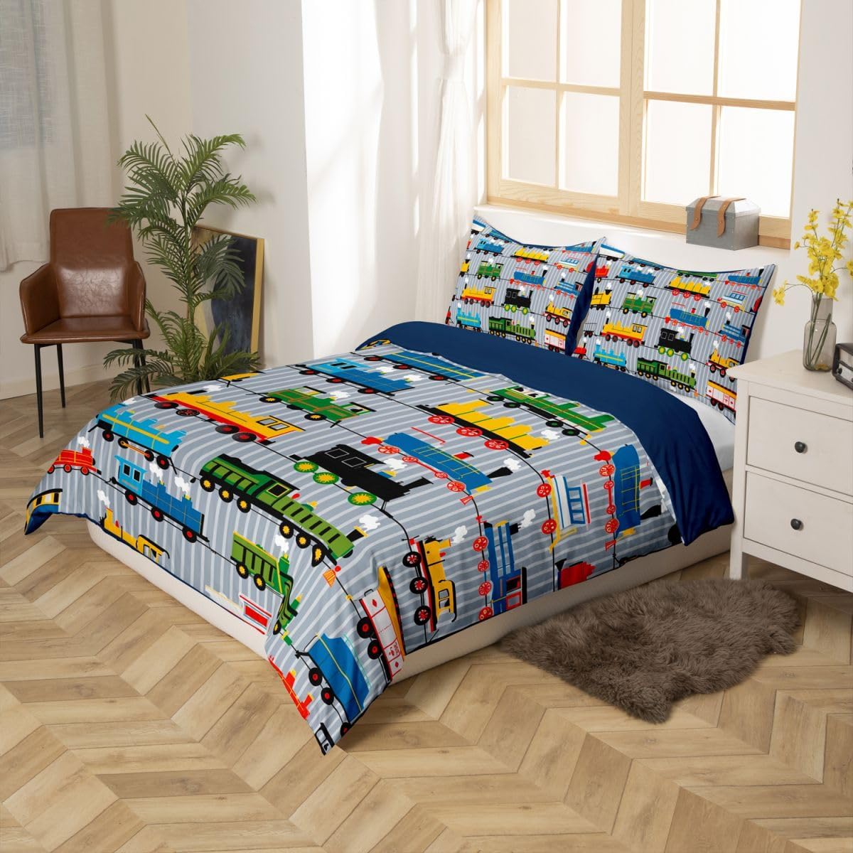 Erosebridal Boys Comforter Cover Queen Size Train Duvet Cover, Colorful Steam Engine Truck Bedding Set for Kids Girls Toddler Train Transportation Bed Cover 3Pcs,Gray, Blue, Red, Yellow