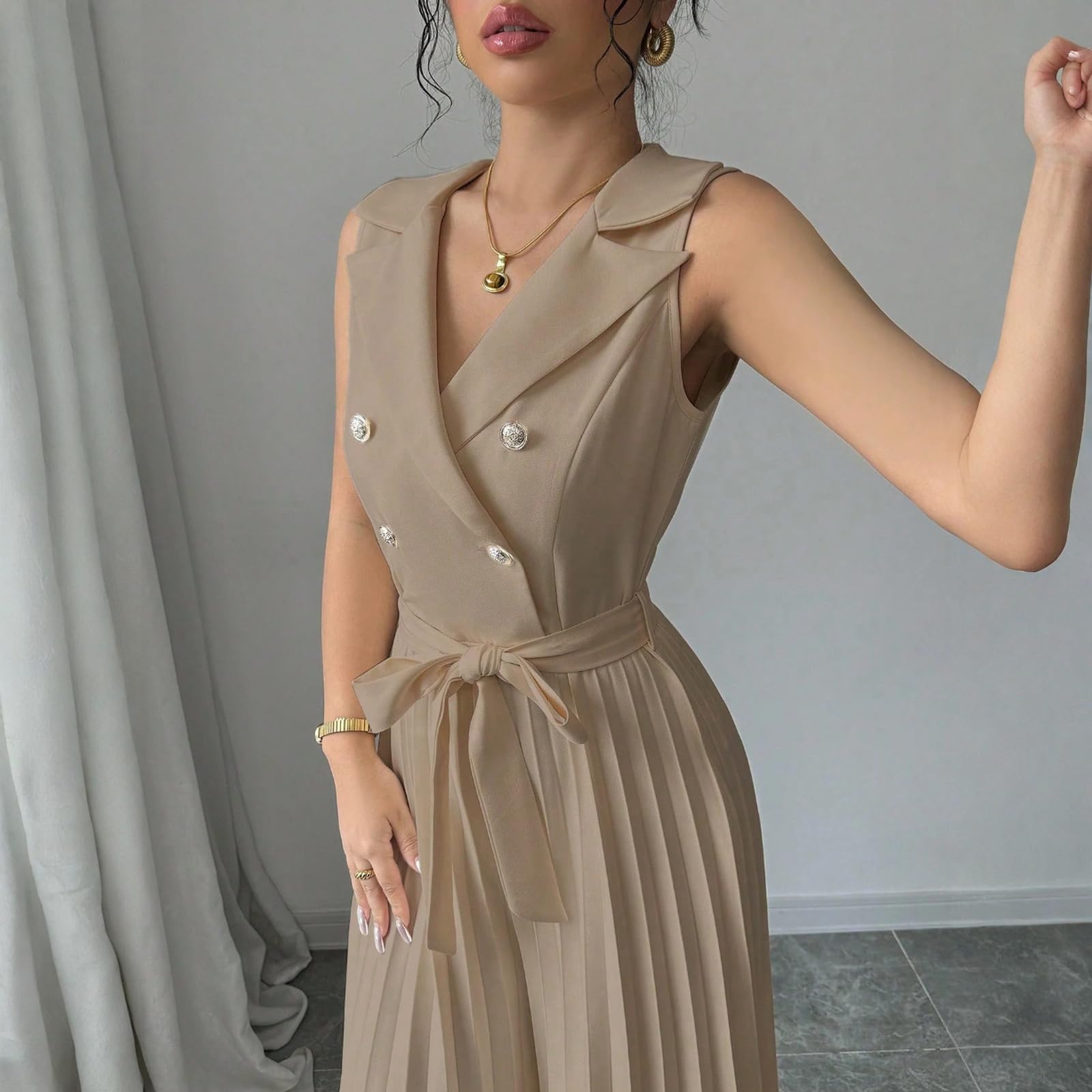 FUPODD Hosenanzug Damen Festlich Elegant Hochzeit Jumpsuit Damen Sommer Lang Plissee Weites Bein Overall Hochzeitsgast Ärmellos Buisness Jumpsuits Mit Gürtel Einteiler Party Romper Cocktail Playsuit