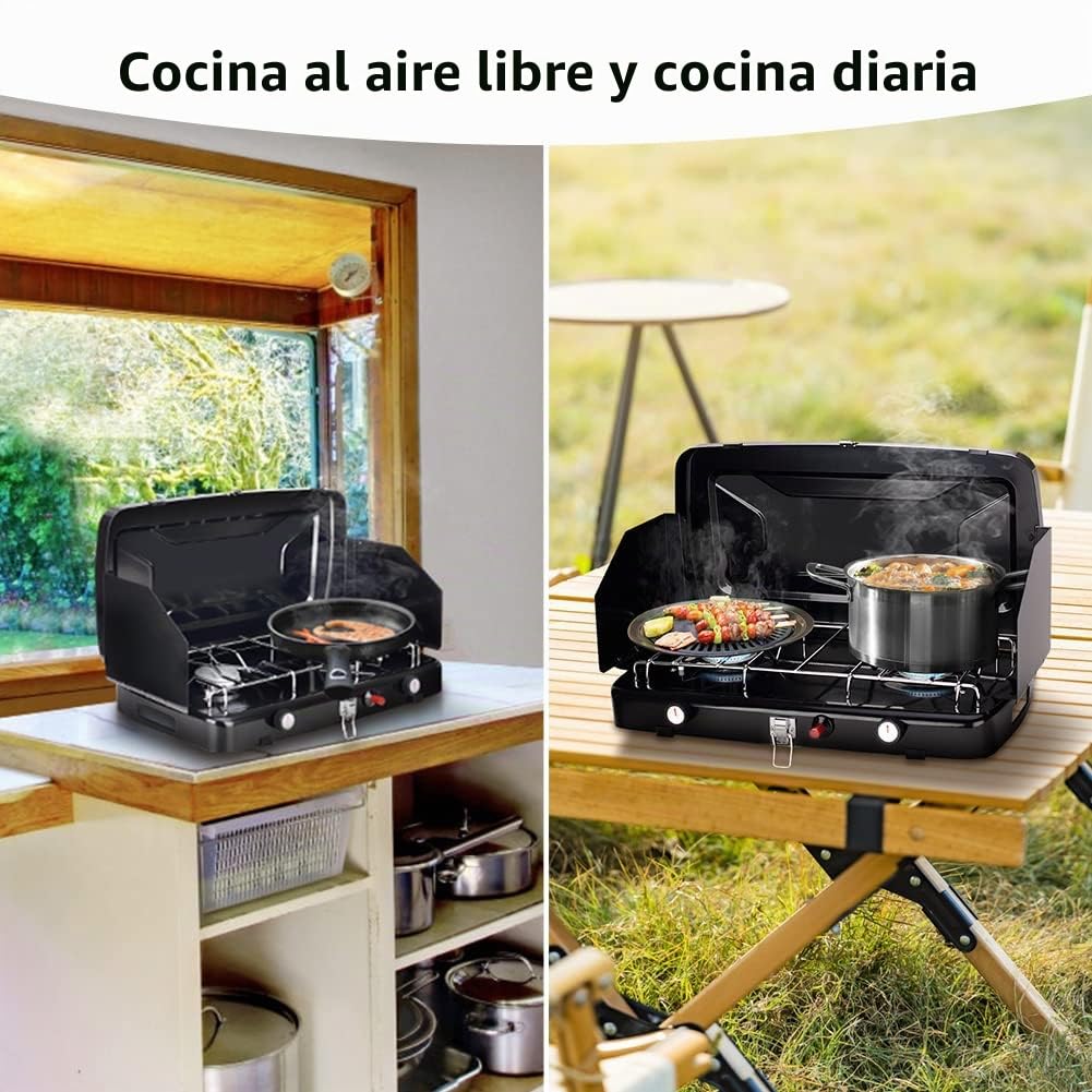 CAMPLUX Hornillo de Gas Portátil con 2 Fuegos, 2.400W, 50 mbar, GPL, para Camping, Protector Viento