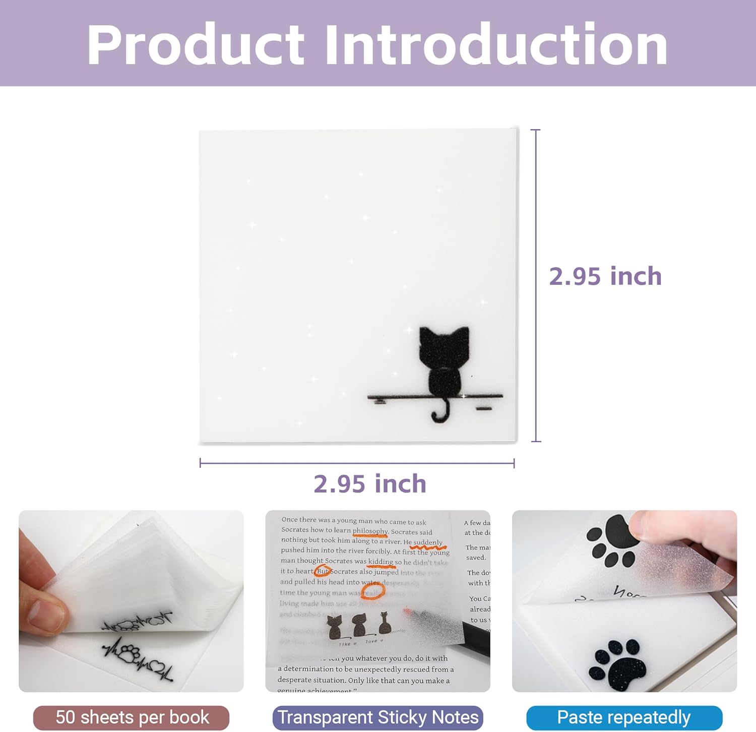 Pearlescent Sticky Notes 300 Sheets Glitter Reusable Self-Stick Memo Pads, Transparent Cute Design for Office, Classroom, Planner Journaling (7.5x7.5cm), 6pcs - Image 2