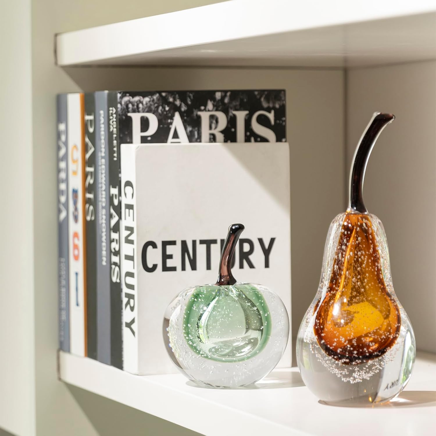 Glass Fruit Pear Statues Home Decor Modern Style Figurine Decorative Ornaments for Living Room, Shelf Decor, Office Desktop, Cabinets (Amber Pear Ornament)