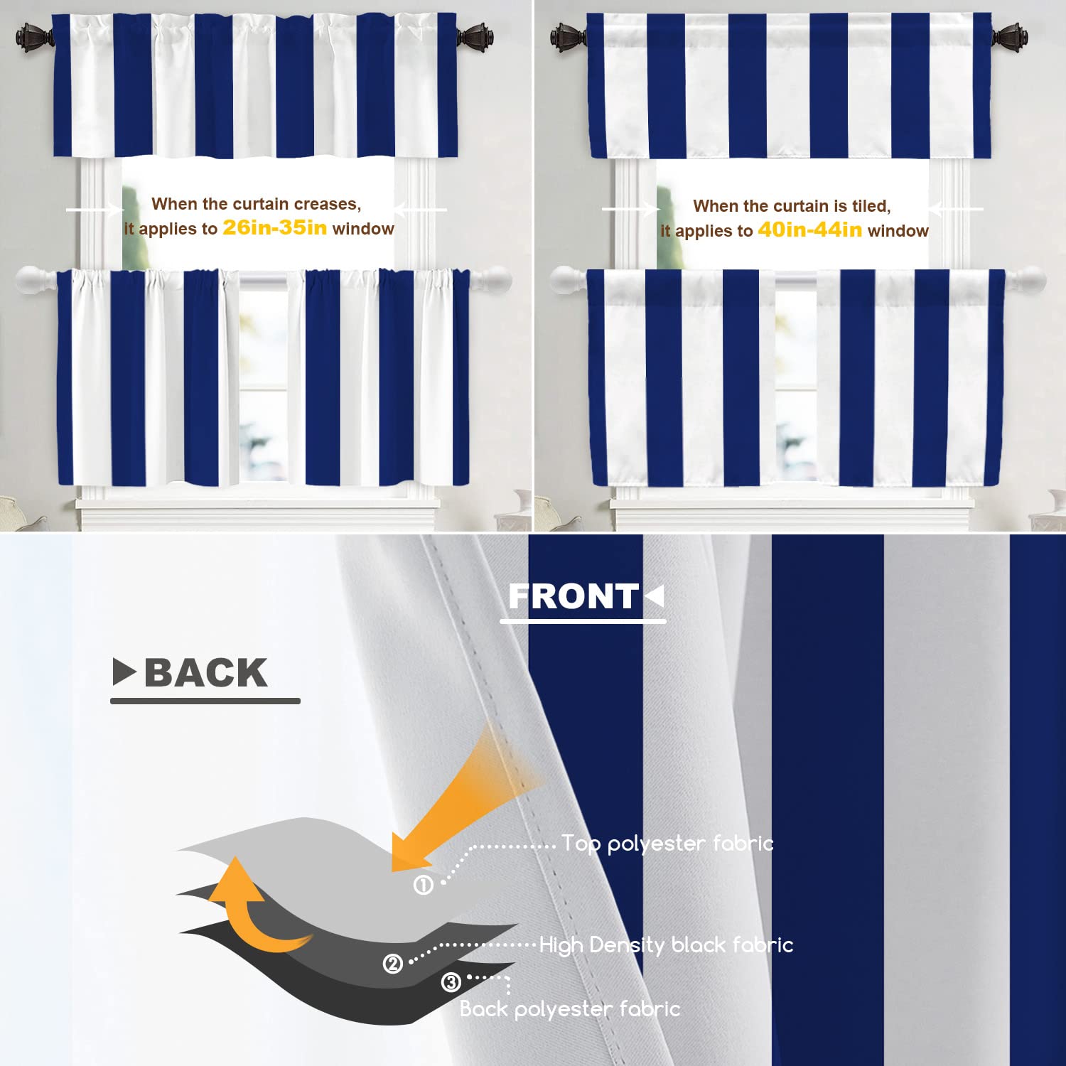 Shrahala Navy Blue Striped Tier Curtains for Kitchen Windows Classic Navy Blue and White Stripe Pattern Tier Curtains for Window Curtain Café - Image 3