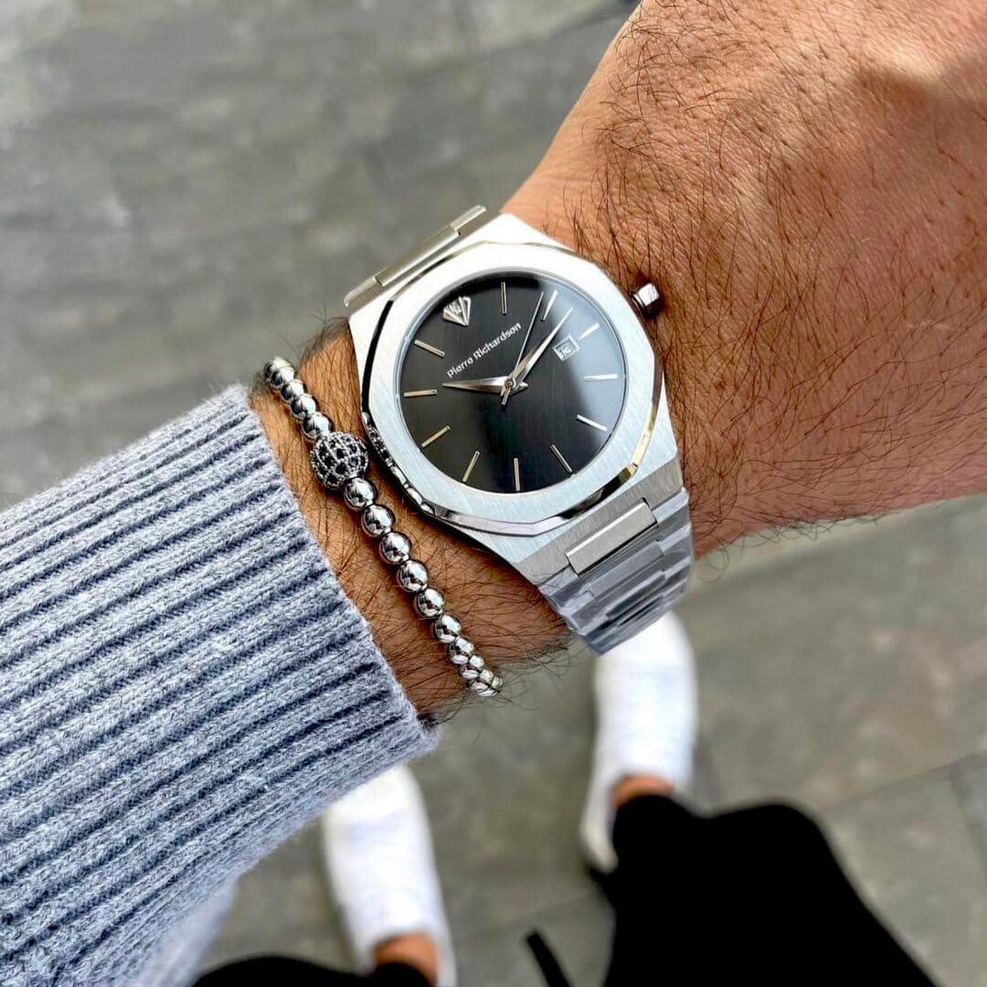 PIERRE RICHARDSON PR5428男士奢华手表——日本石英机芯，不锈钢，41毫米，5ATM防水，防刮擦蓝宝石水晶玻璃——经典正装手表。