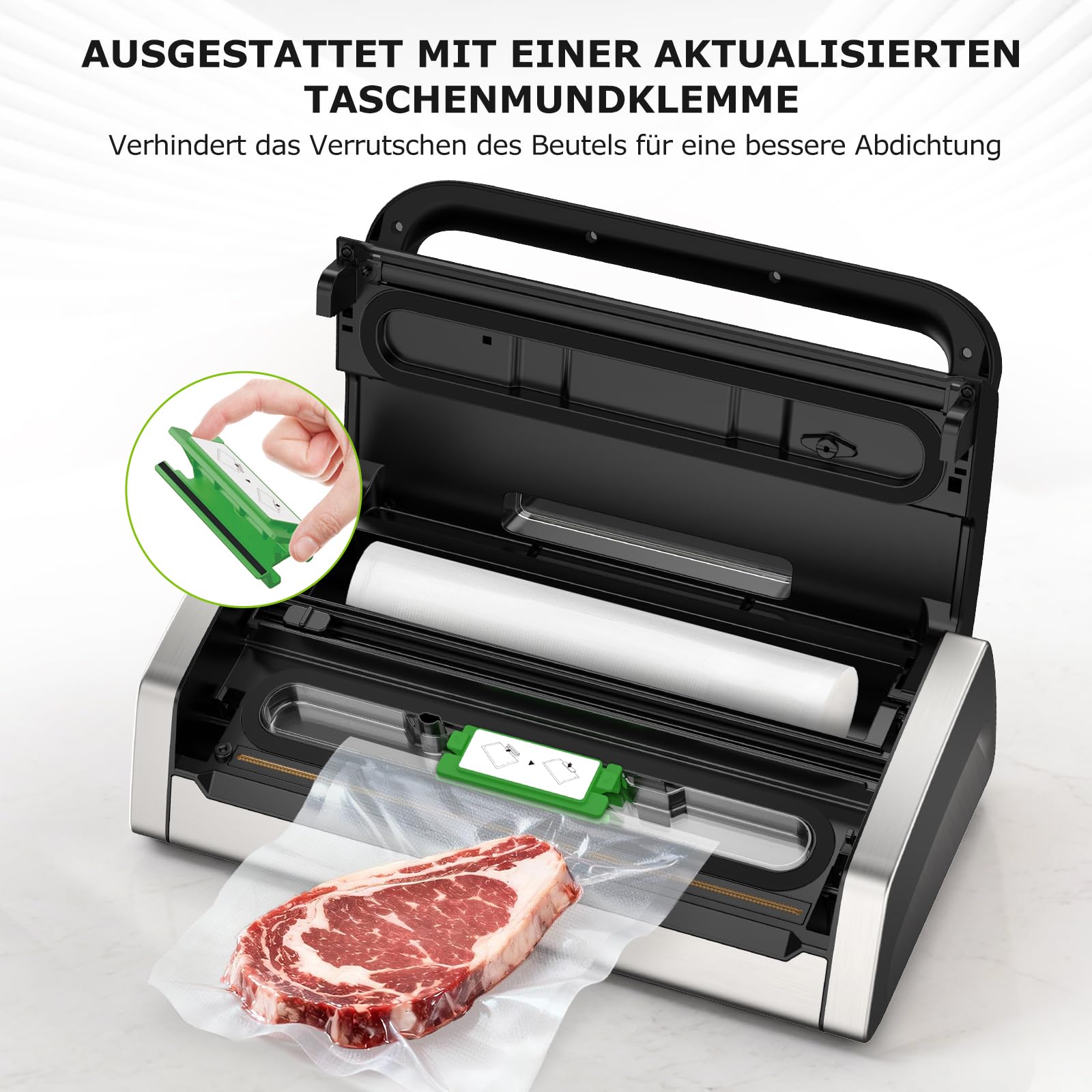 Bonsenkitchen Vakuumiergerät 15L/Min Hochleistung Testsieger Sehr Gut Design mit Griffverriegelung und Integrierter Schneider Schwarz