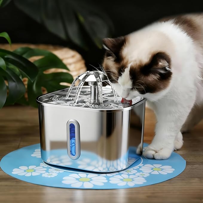 Bebedouro para Gatos, Fonte de Água Automático para Gato Silenciosa Inox Carvão Ativado Fluxo 360° LED Indicador Bebedouro para Gatos e Cães (2,2L, MG00)