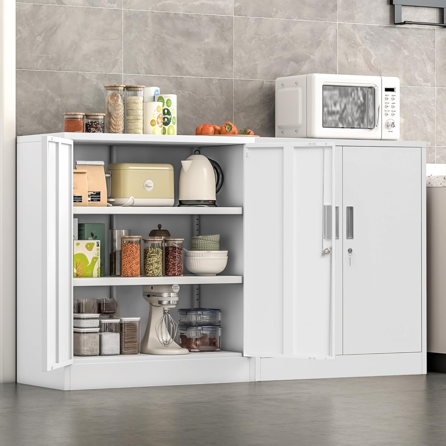Metal Storage Cabinet, 36" H Locking Storage Cabinet with 2 Adjustable Shelves for Garage, Home, Office, Utility Room-White