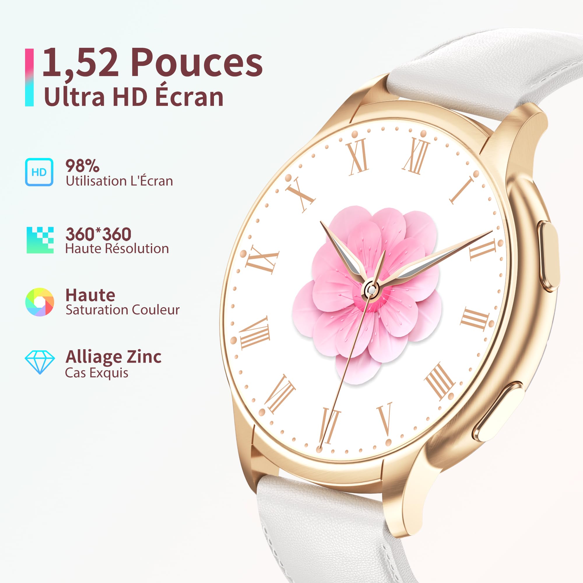 Montre Connectée Femme avec Appels/Notification, 1,52" HD IP68 Smartwatch, 110+ Modes Sportifs, Fréquence Cardiaque/SpO2/Sommeil Moniteur, Suivi Calories/Pas pour Android iOS Or Rose