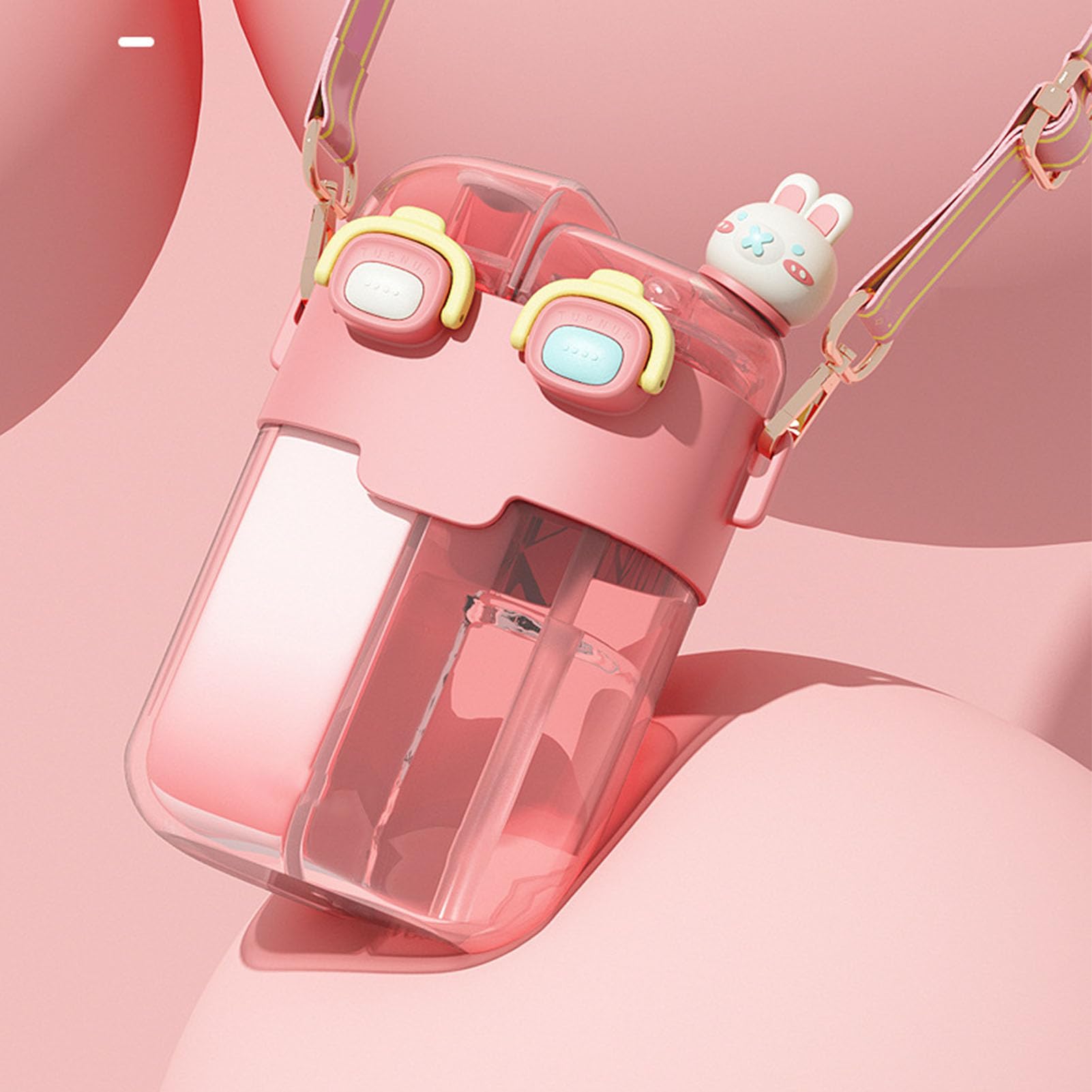 Bottiglie D'acqua Kawaii con Cannuccia, Cinturino Regolabile in Plastica per Doppia Bottiglia D'acqua Alla Moda per Sport Fitness Palestra Brocca D'acqua da Campeggio (Rosa