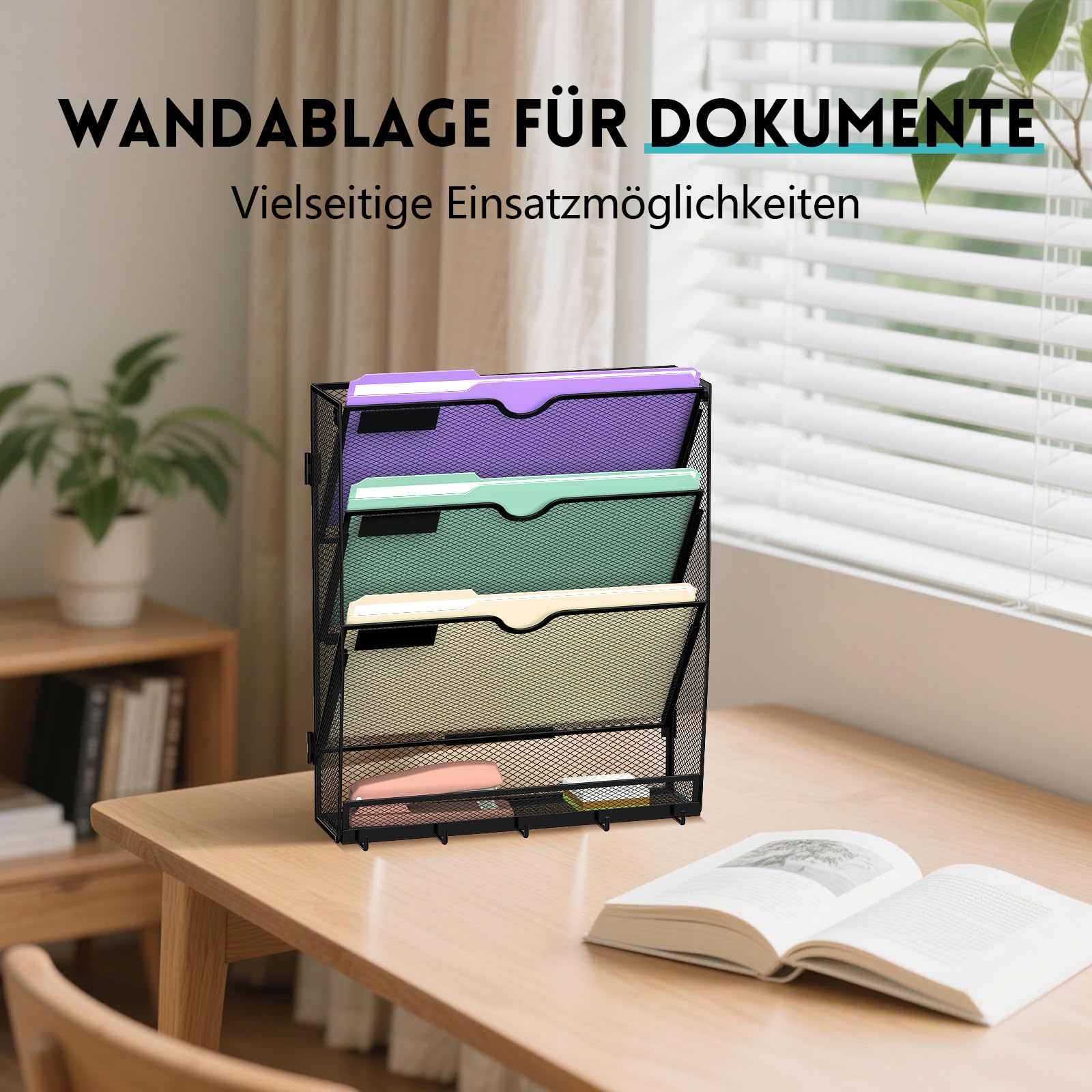 RITOLLO 4 Fächer Metall A4 Zeitschriftenhalter mit 5 Haken, hängender Wandhalter zur Wandmontage, praktischer Wandorganizer für Papier, Ordner, Magazine und Rechnungen, Schwarz