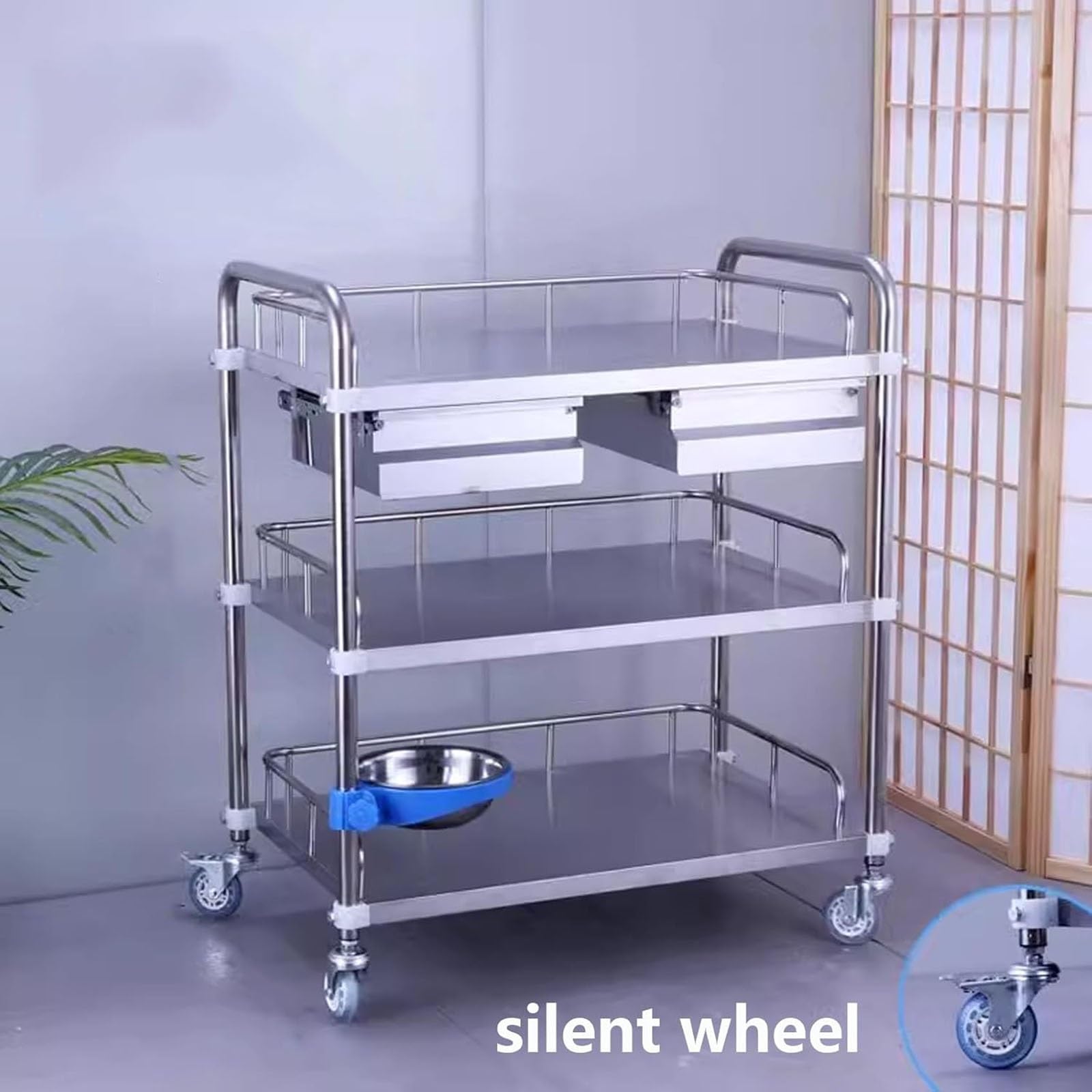 Carrello di Servizio Con Ruote in Acciaio Inox, carrello multiuso medico a due ripiani, carrello da laboratorio, carrello da clinica con cassetto e sponda di protezione(60 * 40 * 86cm)