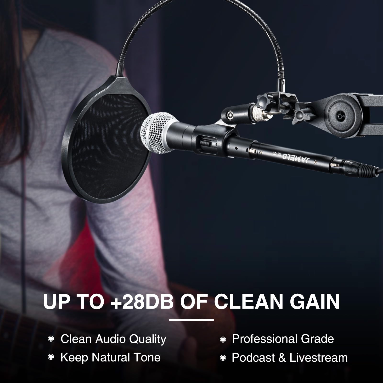 JAMELO Mikrofon Preamp, Inline Vorverstärker für Mikrofon, Mic Booster für Dynamische und Passive Mikrofon, Ultra-Clean Gain +28dB, Professional XLR Verstärker für Podcasting Livestreaming Aufnahme