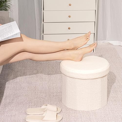 Miniatura 5 de B FSOBEIIALEO Cubo otomano de almacenamiento, otomanos redondos con reposapiés de almacenamiento para sala de estar, asiento otomano Boucle para