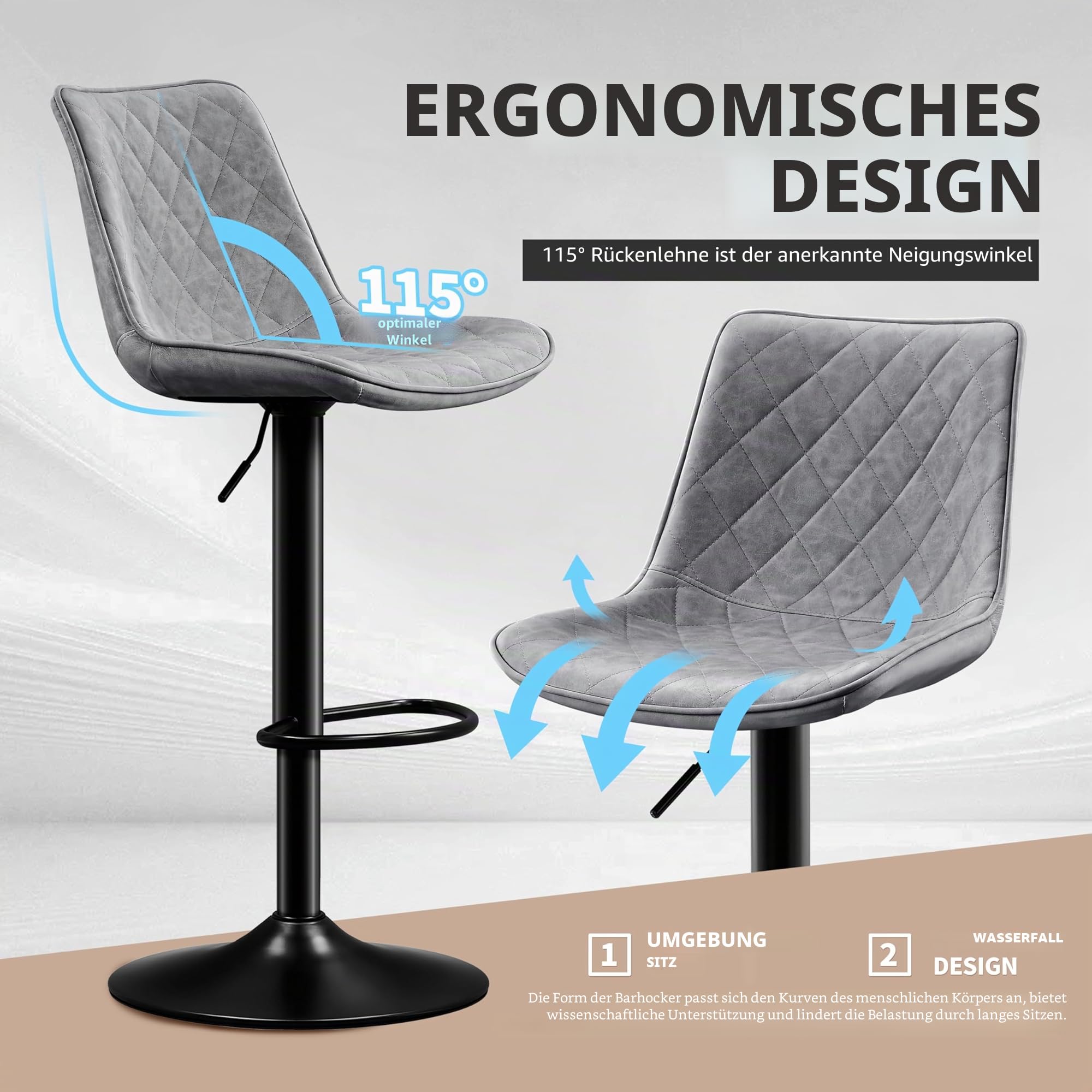 STOOLINK Barhocker 2er Set Höhenverstellbar mit Mikrofaser-Leder, Barstuhl mit Lehne, Tresenhocker Drehbar, Bistrohocker Designer, Barstühle für Küche, Theke, Bar-Grau