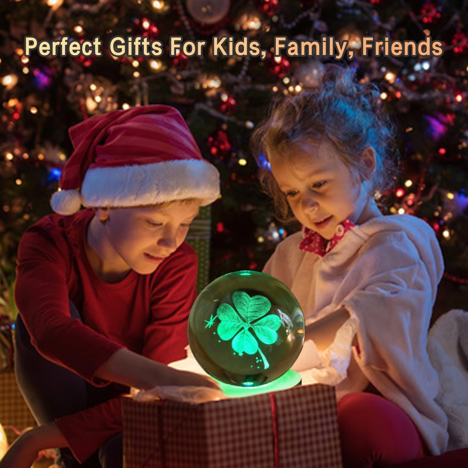 80mm Four Leaf Clover 3D Crystal Ball, Remote Control, LED Light Base, 16 Colors Change, Glass Sphere Lamp, Good Luck Gifts for Women Kids