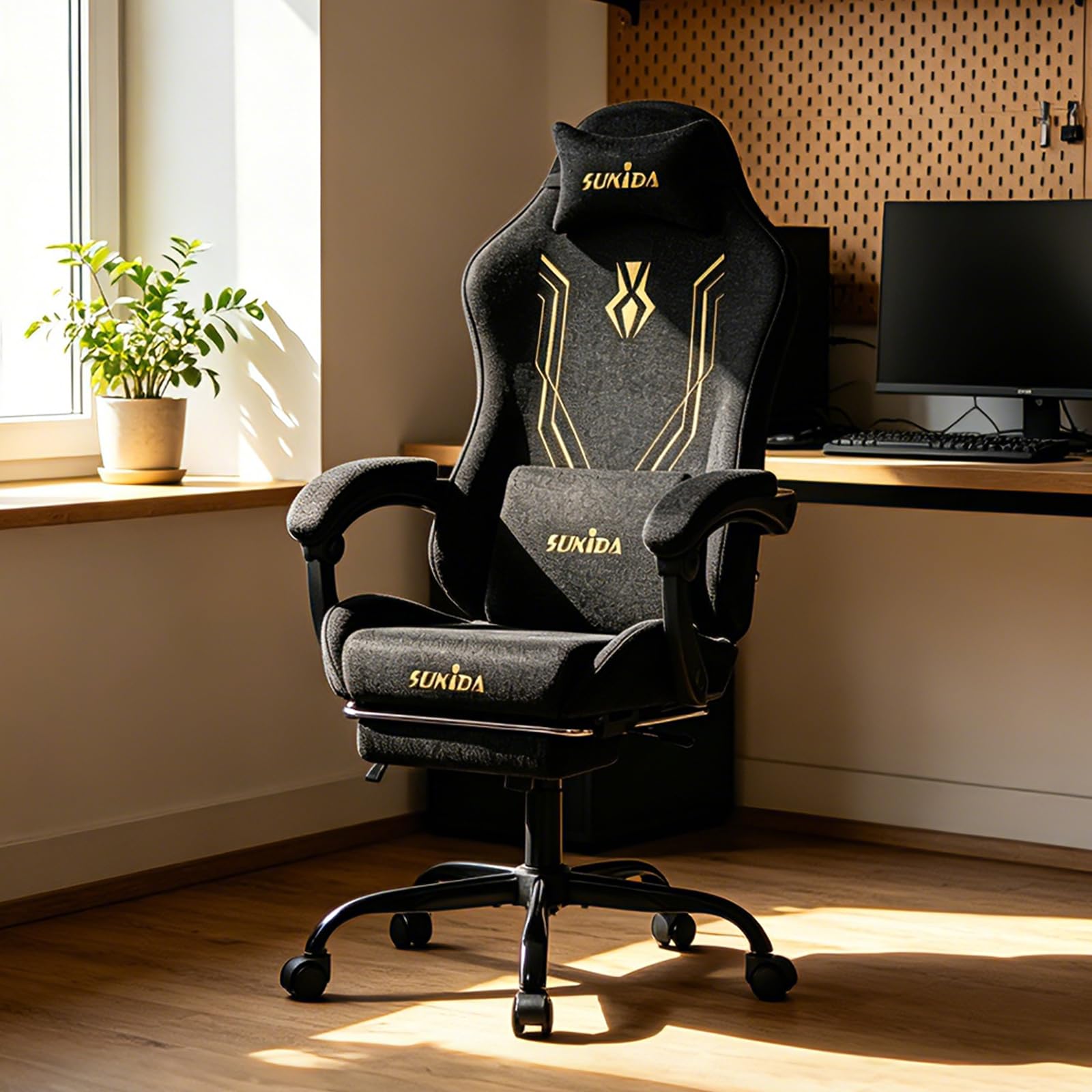 SUKIDA Gaming Stuhl Stoff Ergonomisch, Chenille Gaming Chair mit Fußstütze, Kopfstütze und Lendenkissen, Höhenverstellbarer Schreibtischstuhl mit Atmungsaktivem Stoff, 150 kg,Schwarz