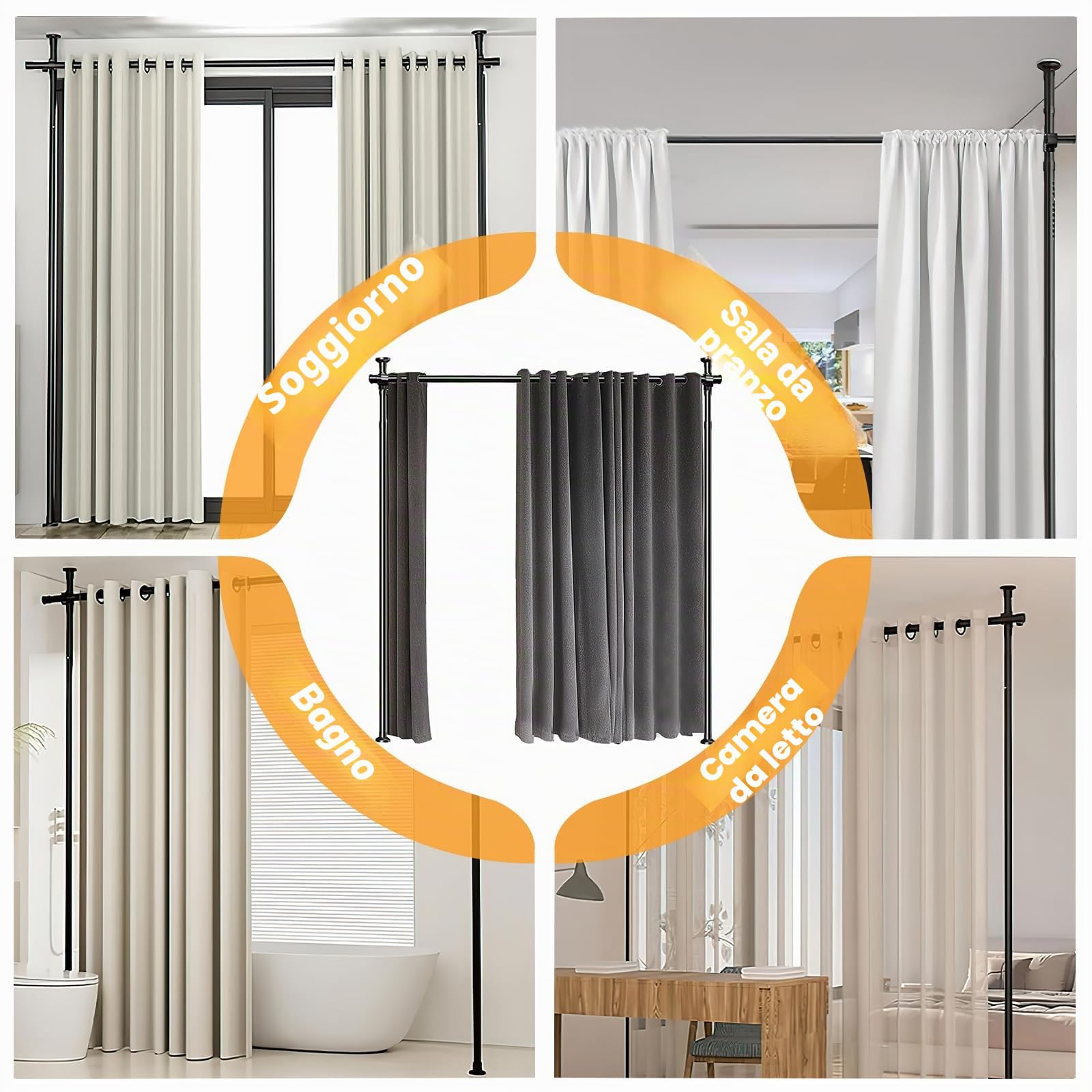 separè per interni, Regolabile asta per tende da pavimento, Separe Divisorio Interno, 122-305 cm * 71-180 cm, Bastoni per tende divisori senza tenda, per soggiorno e camera da letto - nero